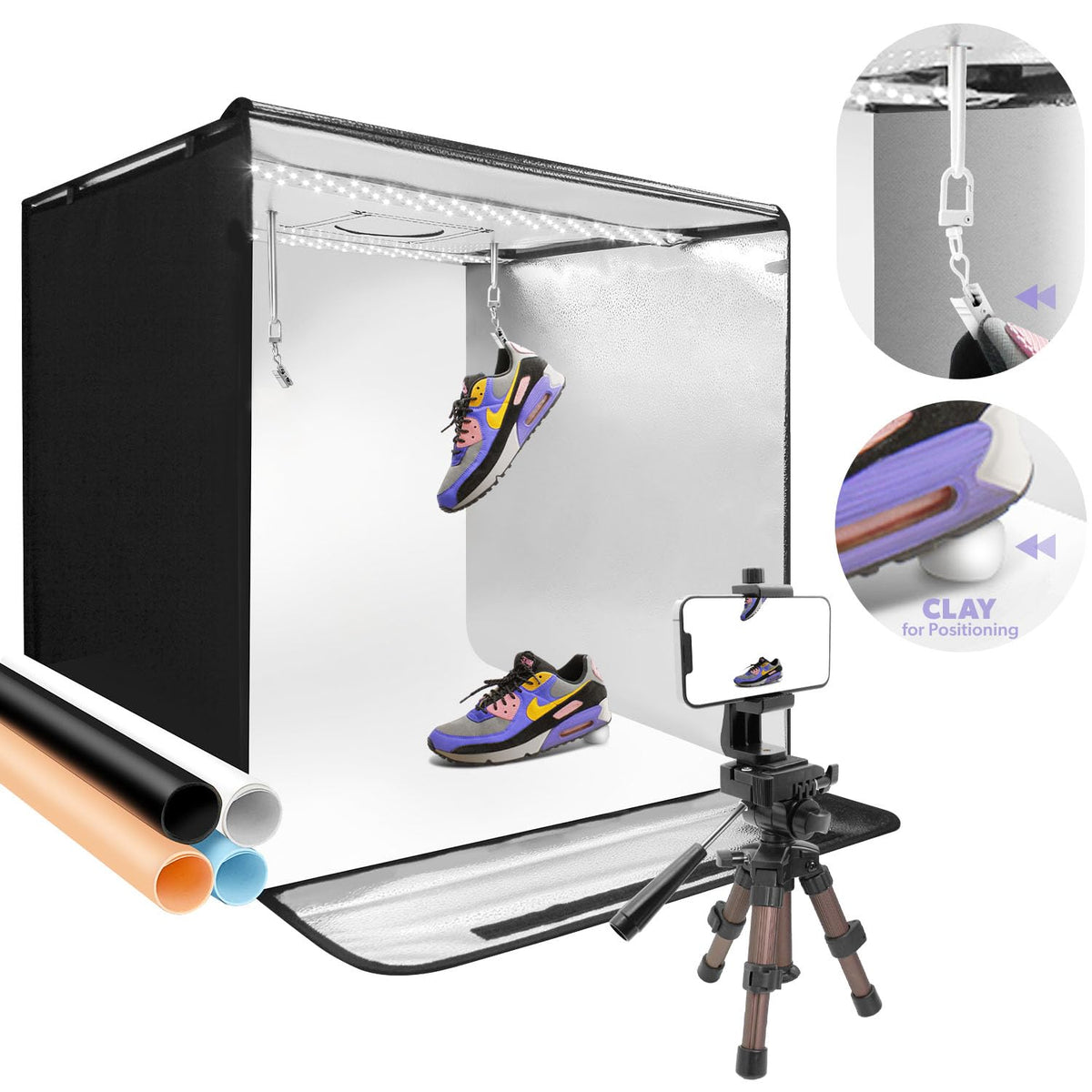 LimoStudio 24' x 24' (New Gen. Model) LED Light Box Tent Patented, Photoshoot Light Tent with Air Hanging Ceiling String Clips, Sticky Clays for Object Positioning, 120 LED, CRI > 95, 4000LM, AGG3250