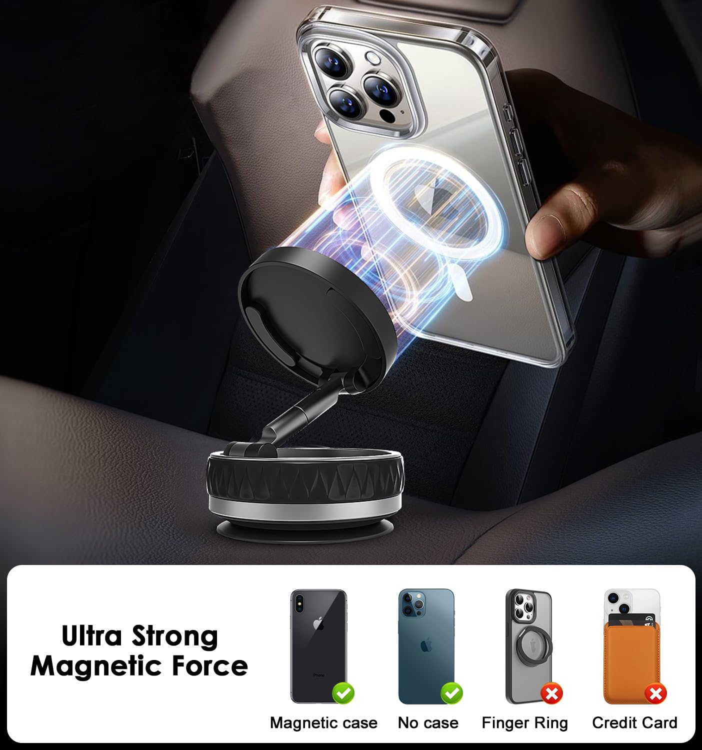 Car Upgraded Mount For Magsafe, [Strongest Suction & 2500Gf Strongest Magnetic] 360Adjustable Cell Phone Holder, With 2Pcs Ring-