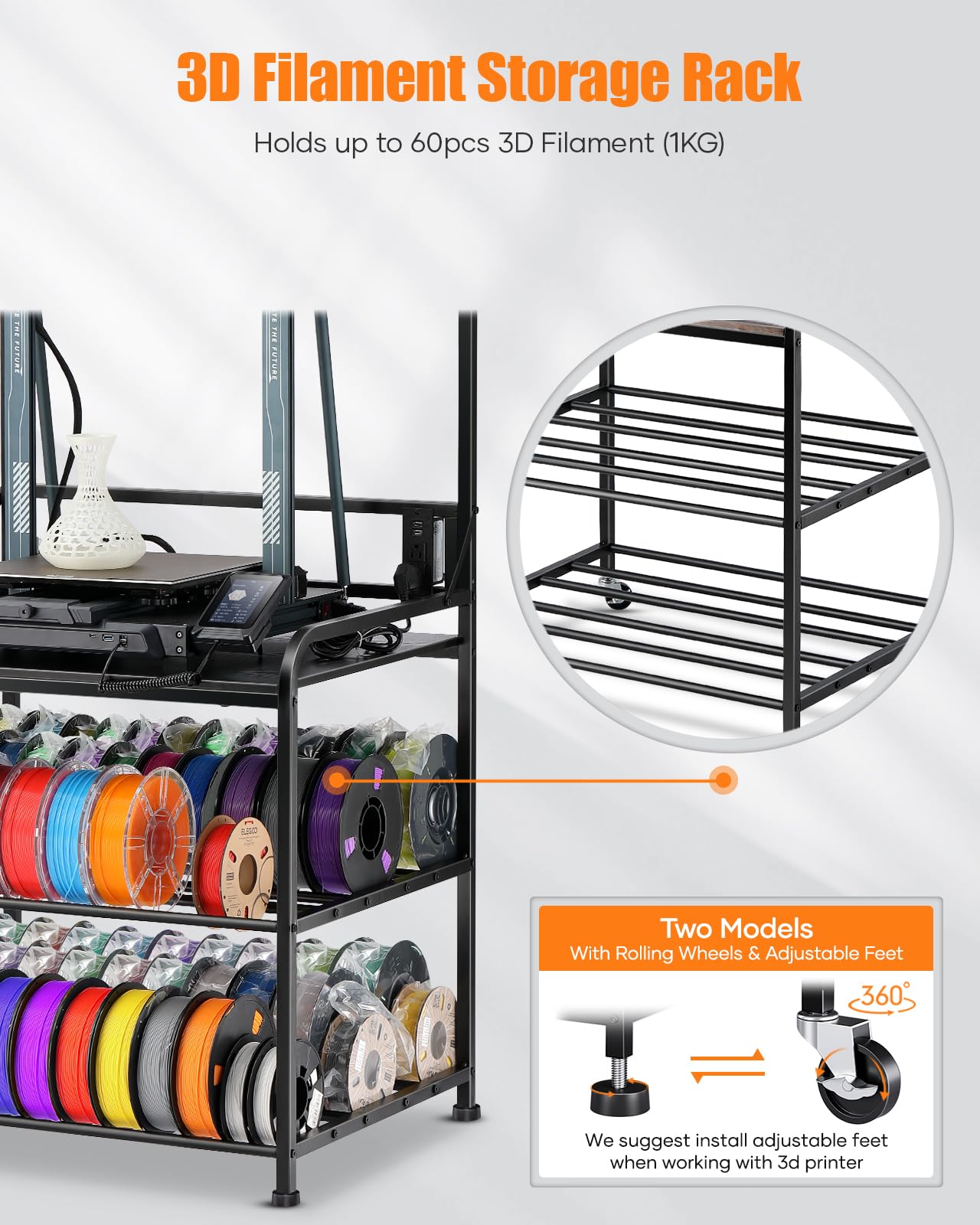 Ahowpd 3D Printer Rack Filaments Storage - Rolling 3D Printing Stand Filament Organizer, Spools Holder Racks Cart With Wheels, H