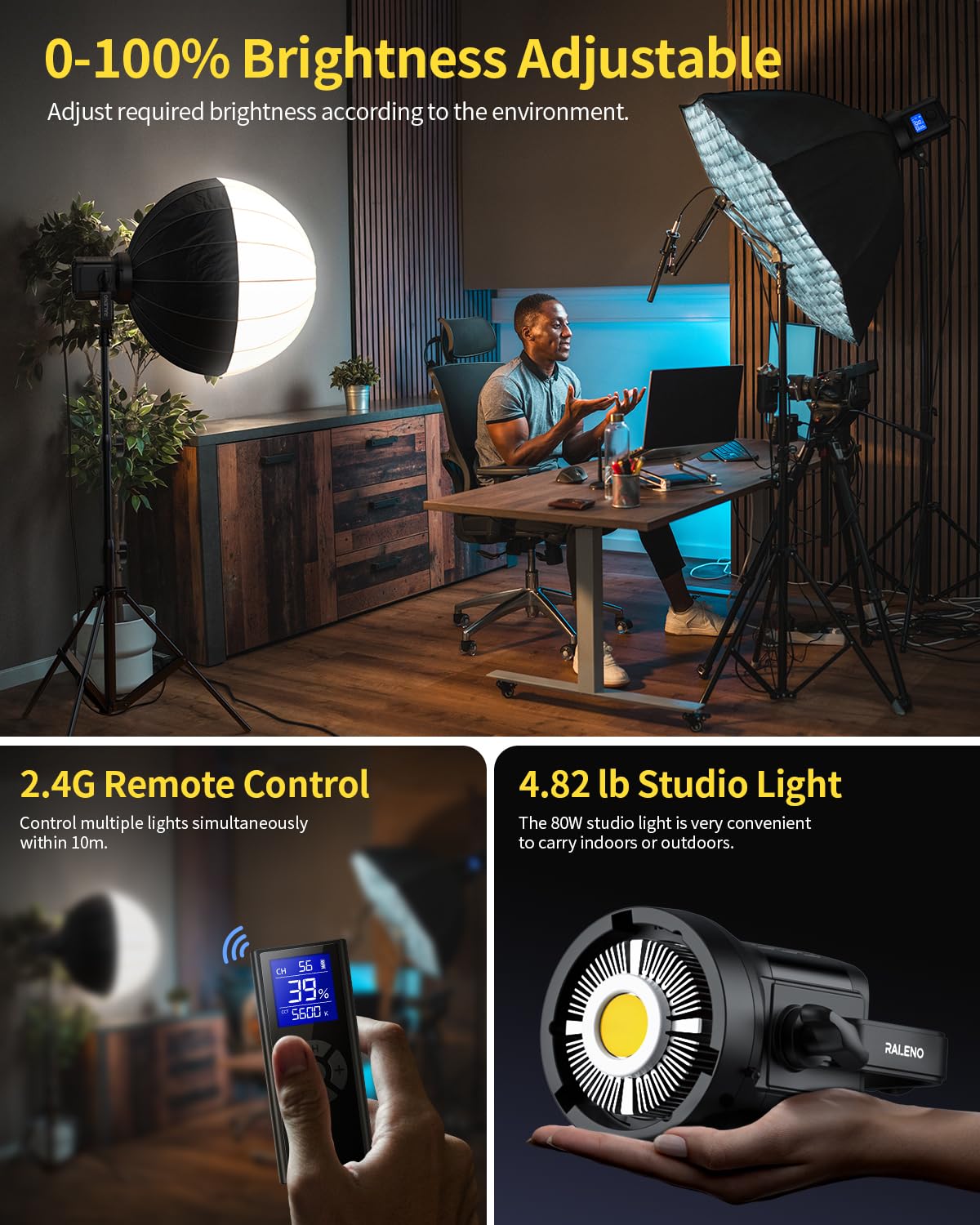 Raleno 80W Led Video Light With 2.4G Remote Control, 7200Lux Cri95+ Studio Lights With Cooling Fan And Bowens Mount, Photography