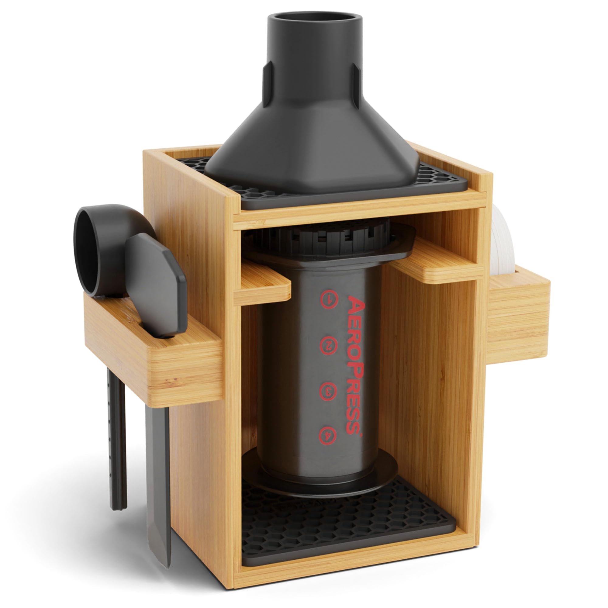 Hexnub   Bamboo Organizer For Aeropress, Compact Coffee Caddy Station Holds Aeropress Coffee Maker, Accessories, Filters, Cups, 