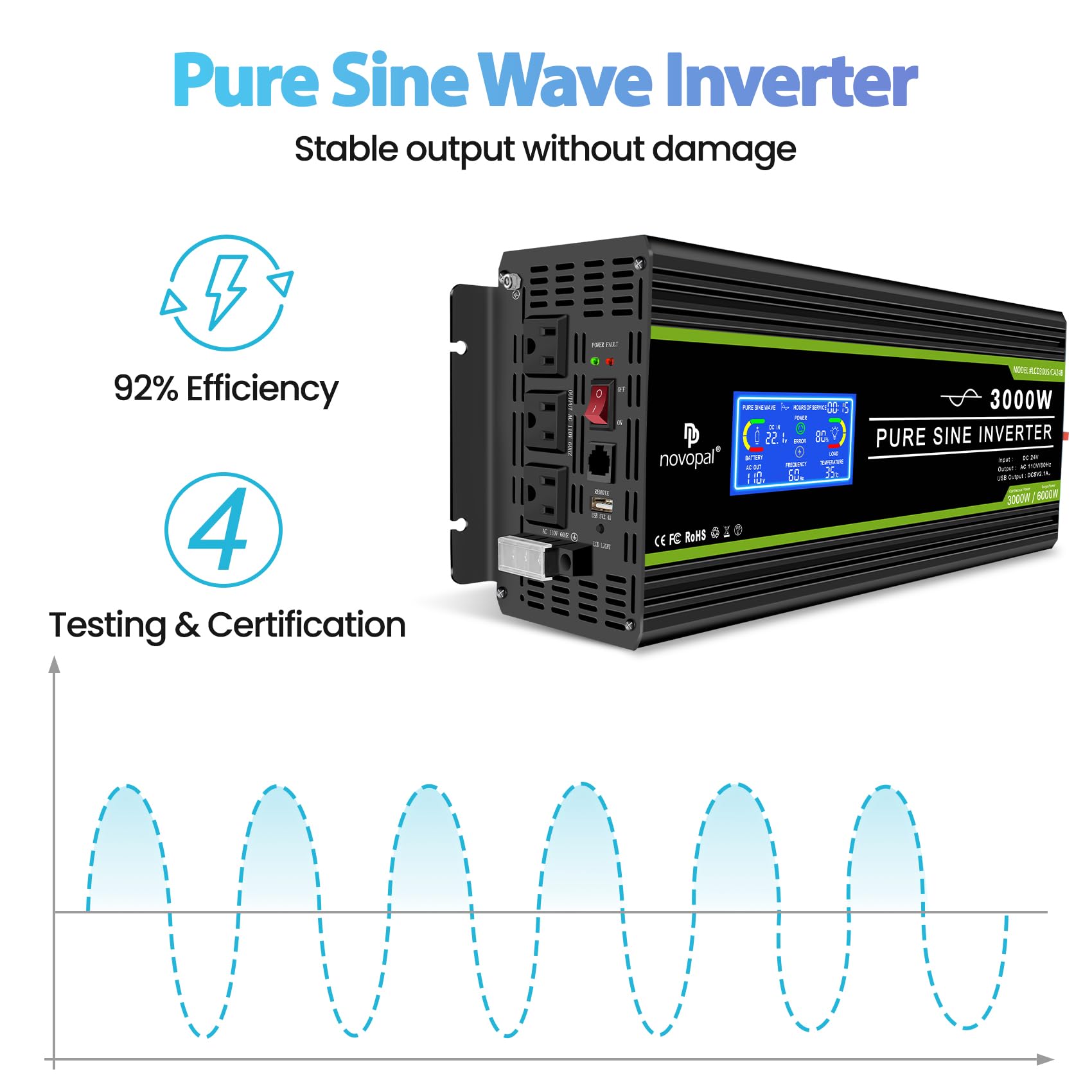 Novopal 3000 Watt Pure Sine Wave Power Inverter 24V To 110V 120V Rv Inverters With 3 Ac Outlets,High Power Ac Terminal-16 Ft Rem