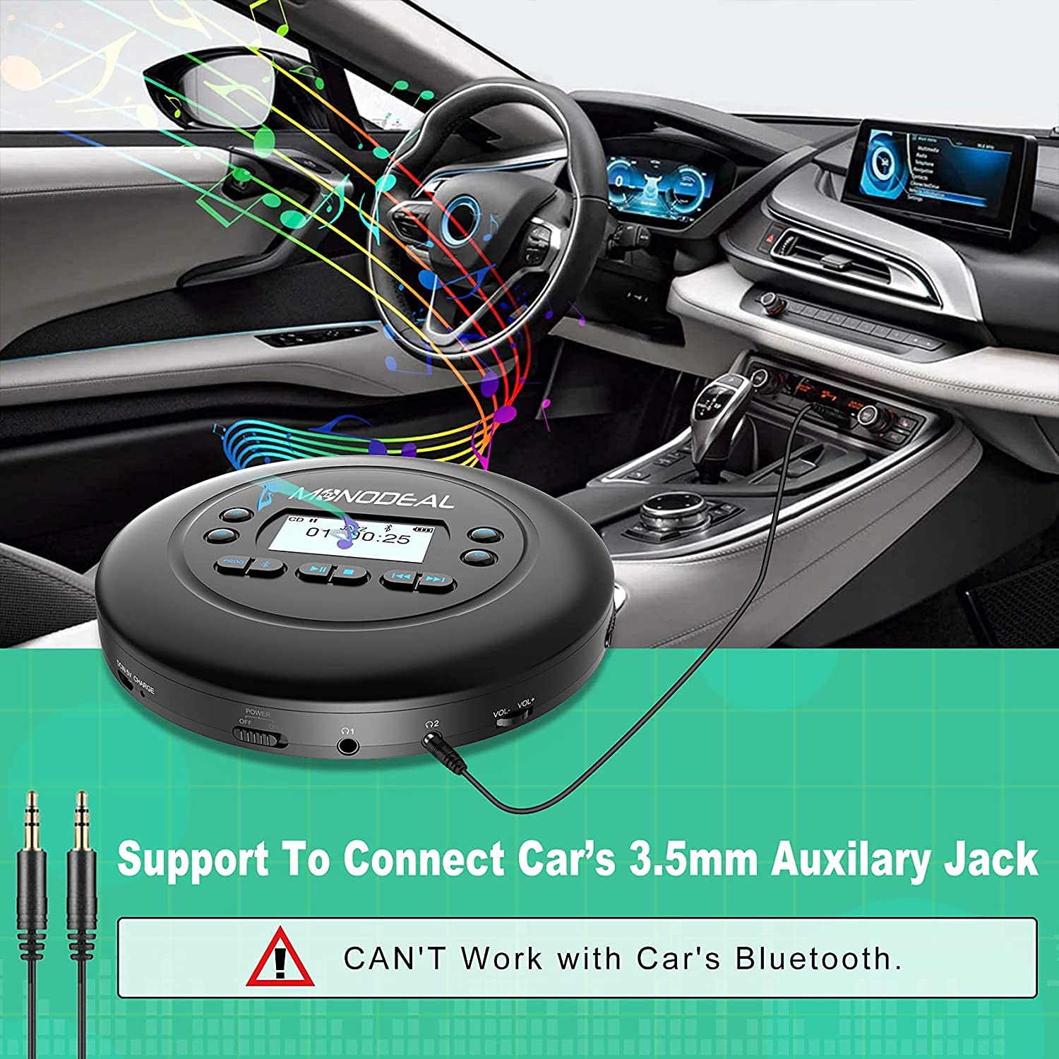 Cd Player Portable, Monodeal Bluetooth Cd Player, Rechargeable Compact Small Walkman Cd Player With Headphones For Car And Personal Use