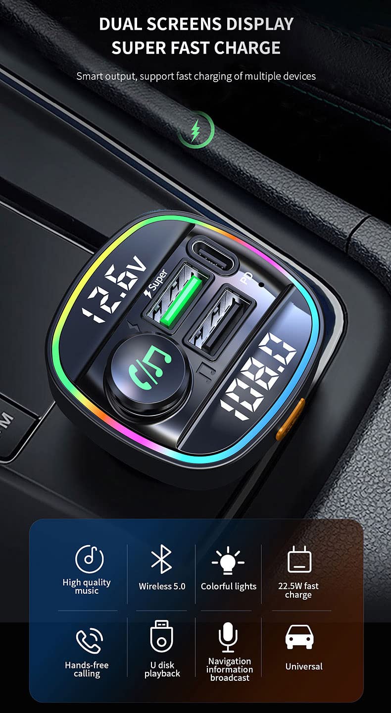 Ohitec Bluetooth Fm Transmitter For Car, Hands Free Calling, Dual Screens Display, Qc3.0 & Usb C Pd 20W Quick Charger & 7 Colors