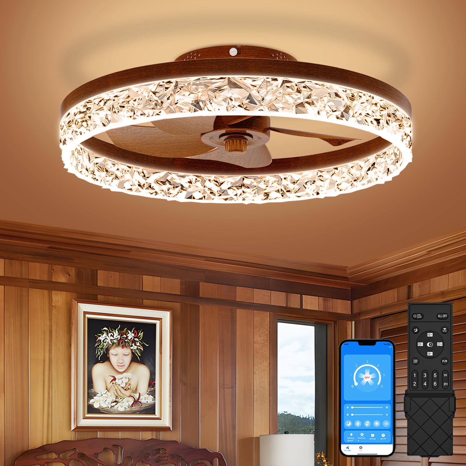 VOLISUN Farmhouse Ceiling Fans with Lights and Remote, 19.7in Low Profile Ceiling Fan Flush Mount, 3000K-6500K Dimmable Bladeles