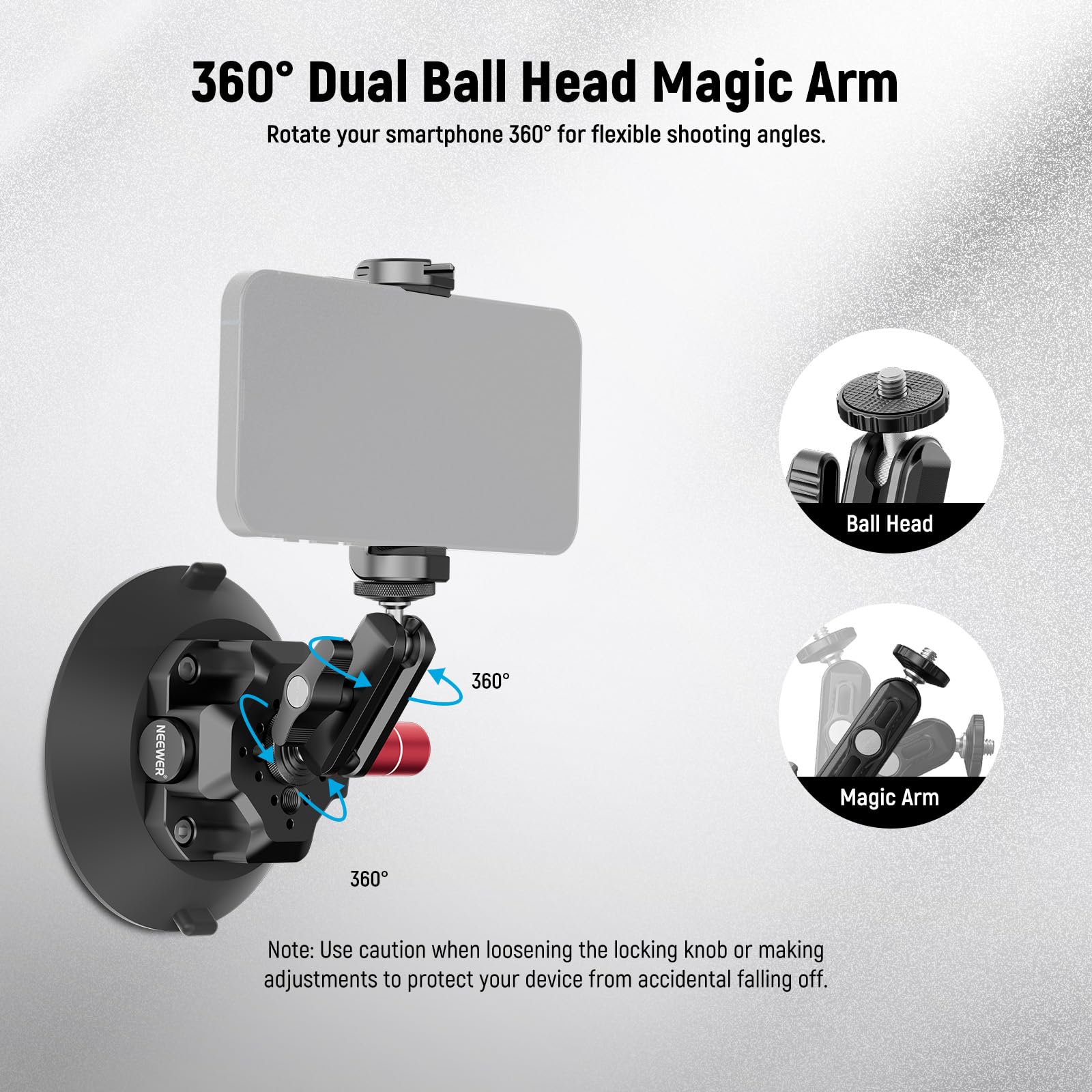 Neewer 4.5'' Suction Cup Camera Mount With Ball Head Magic Arm, 1/4'' 3/8'' Arri Holes, Quick Release Car Mount With Phone Holde