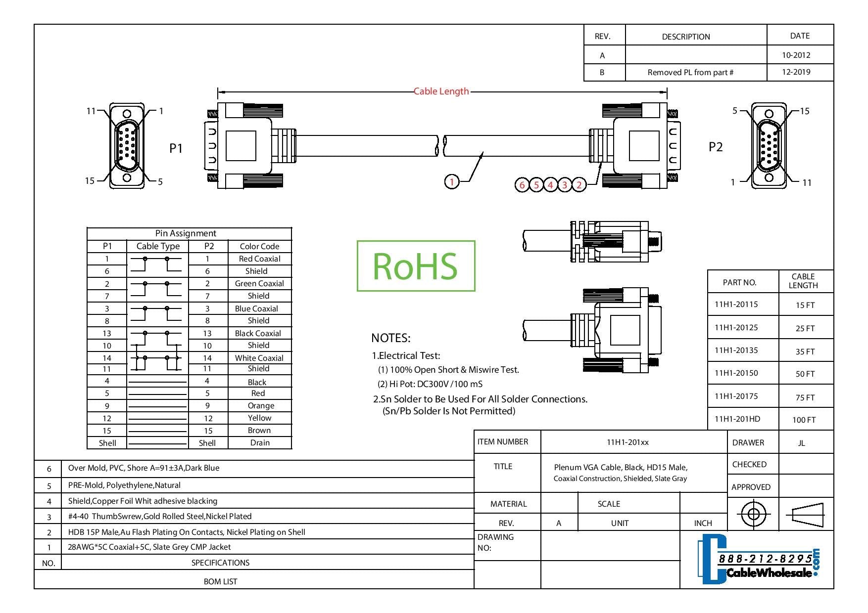 Cablewholesale Vga To Vga Cable Svga Plenum Rated Cable, Hd15 Male Coaxial Computer Monitor Cable With Ferrites, Male To Male Sh