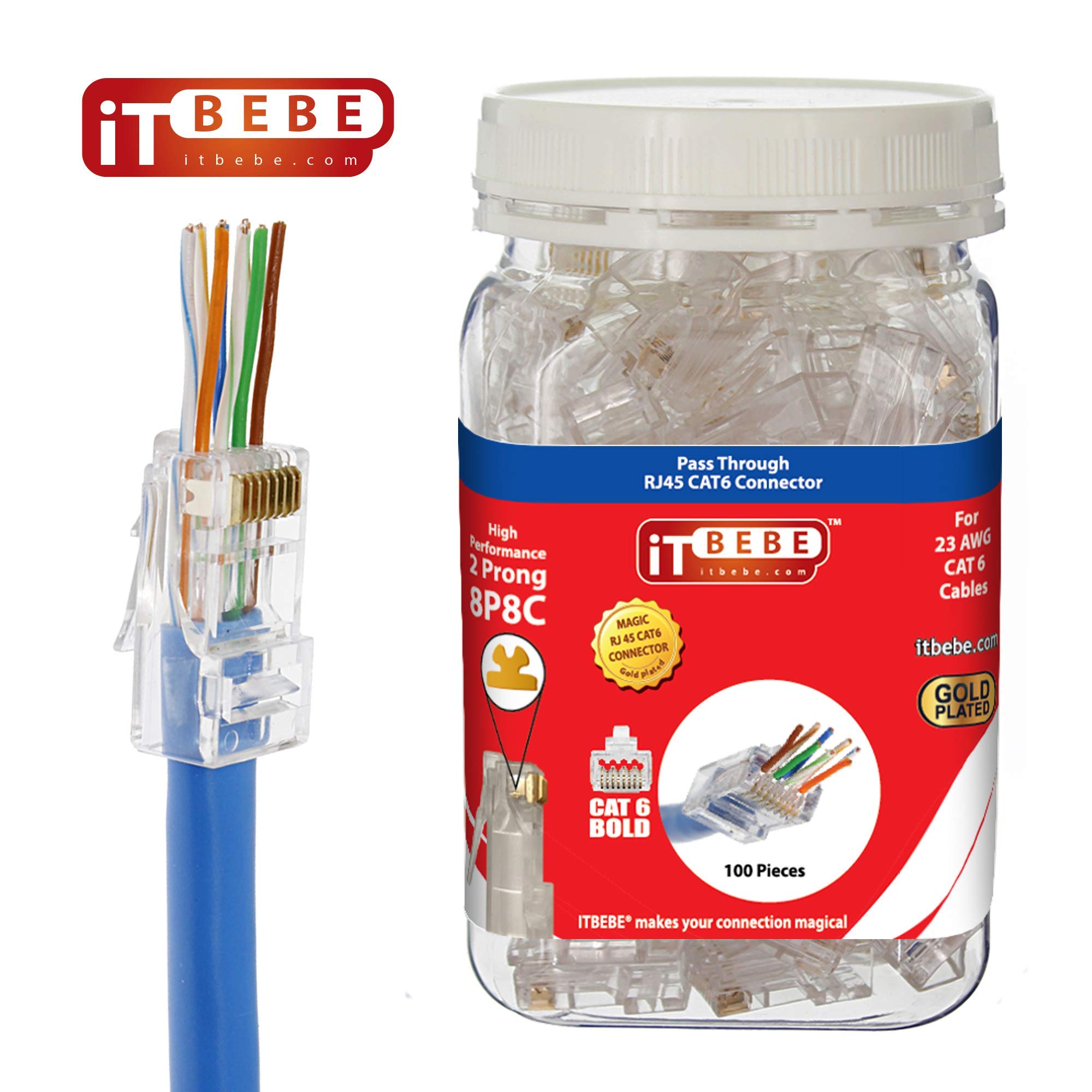 Itbebe 100 Pieces   Gold Plated Rj45 Cat6 Cat6A Pass Through Connector For 23 Awg Cables