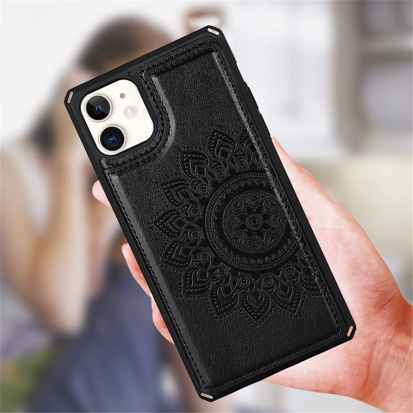 Cavor For Iphone 11 Embossed Mandala Pattern Flower Pu Leather Wallet Case With Card Holder Shockproof Cover   Black