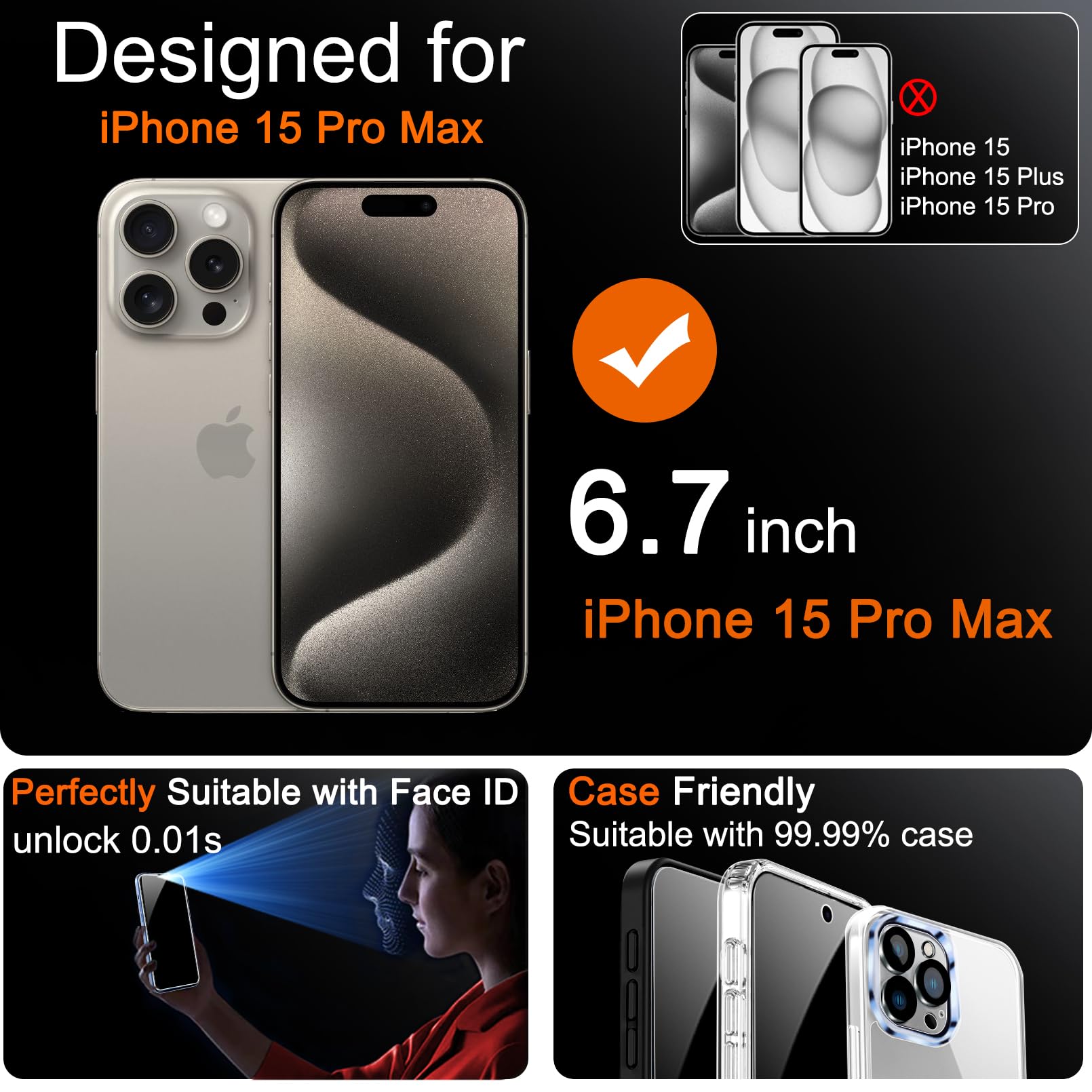 Milomdoi 4 Pack Privacy Screen Protector For Apple Iphone 15 Pro Max With 4 Pack Tempered Glass Camera Lens Protector, Ultra 9H