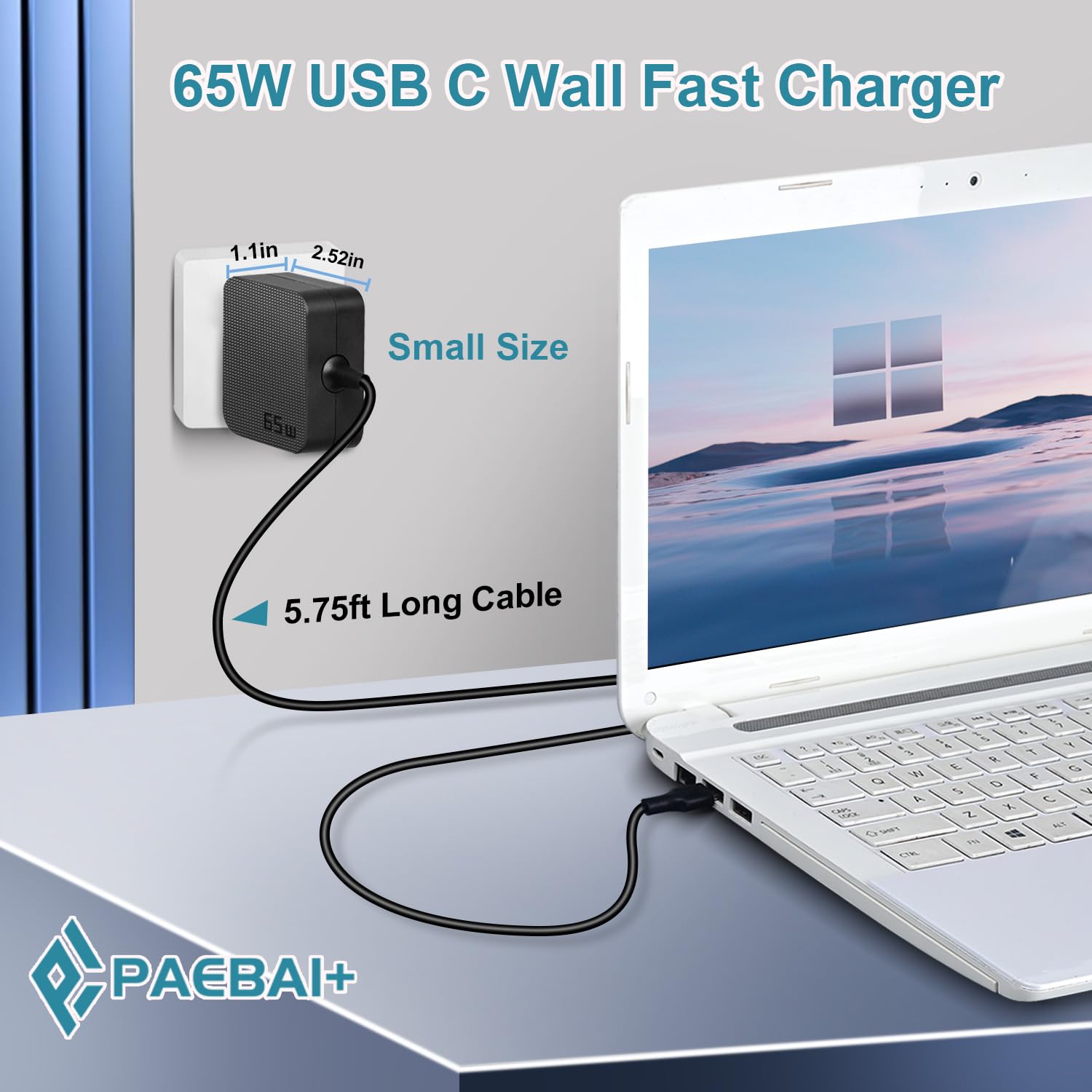 Paebai+ 65W Usb C Charger Type C Pd Wall Fast Power Adapter For Lenovo Thinkpad Yoga Hp Elitebook Spectre Dell Latitude Macbook