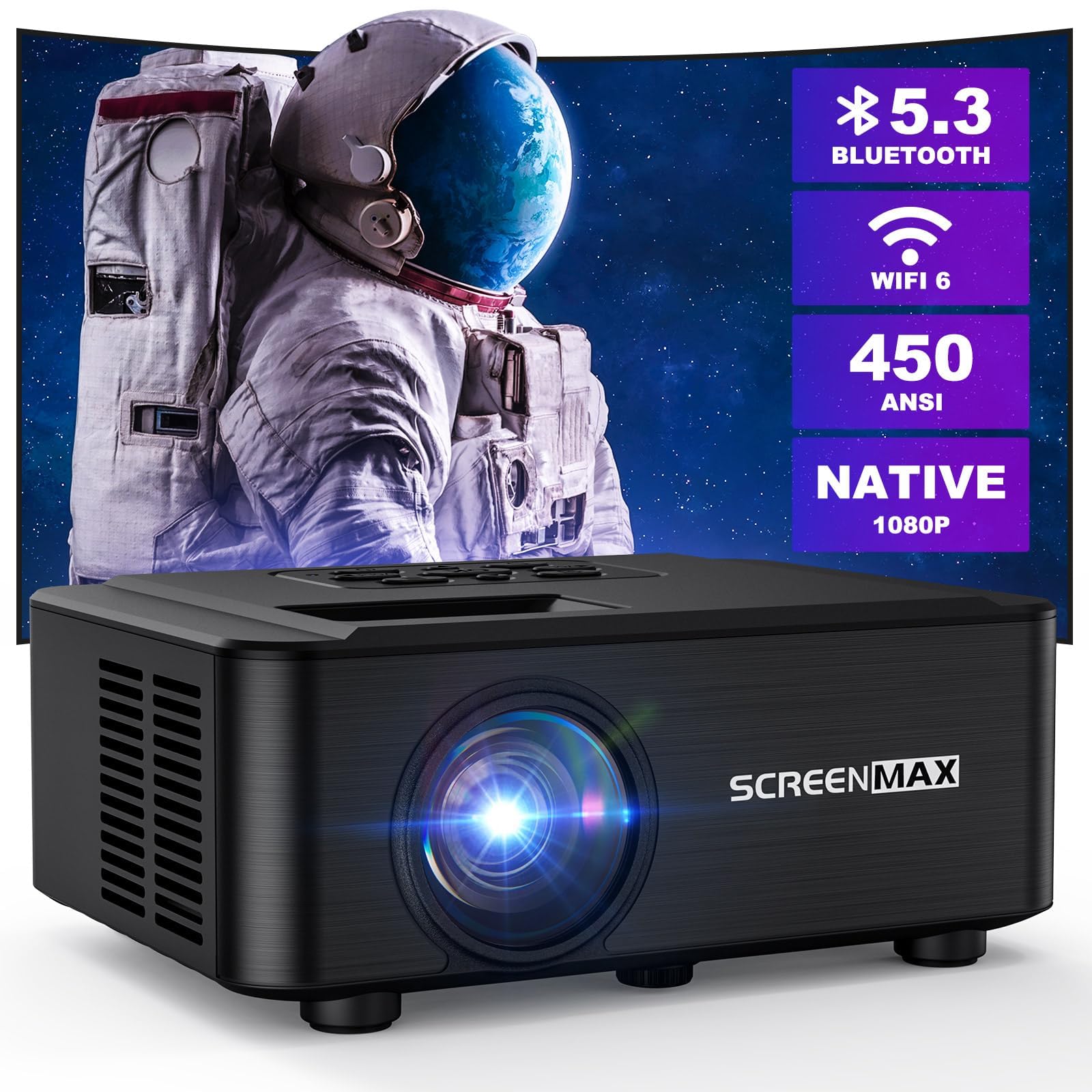 Screenmax Projector With Wifi And Bluetooth,Native 1080P Projector,2024 450 Ansi Portable Movie Projector For Outdoor Use,Zoom F