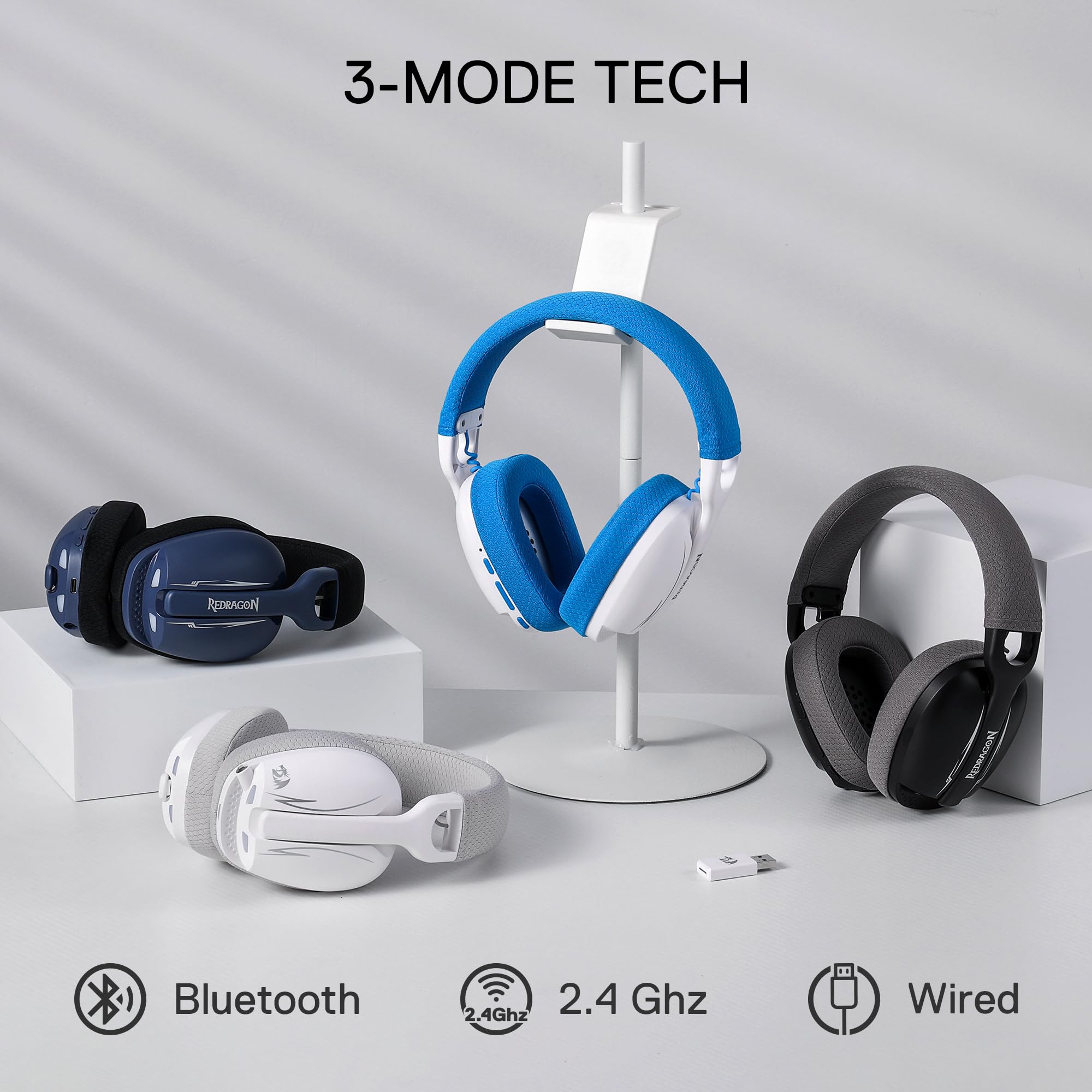 Redragon H878 3-Mode Wireless Blue Lighting Gaming Headset - Lightweight - 7.1 Surround Sound - 40Mm Drivers - Detachable Microp