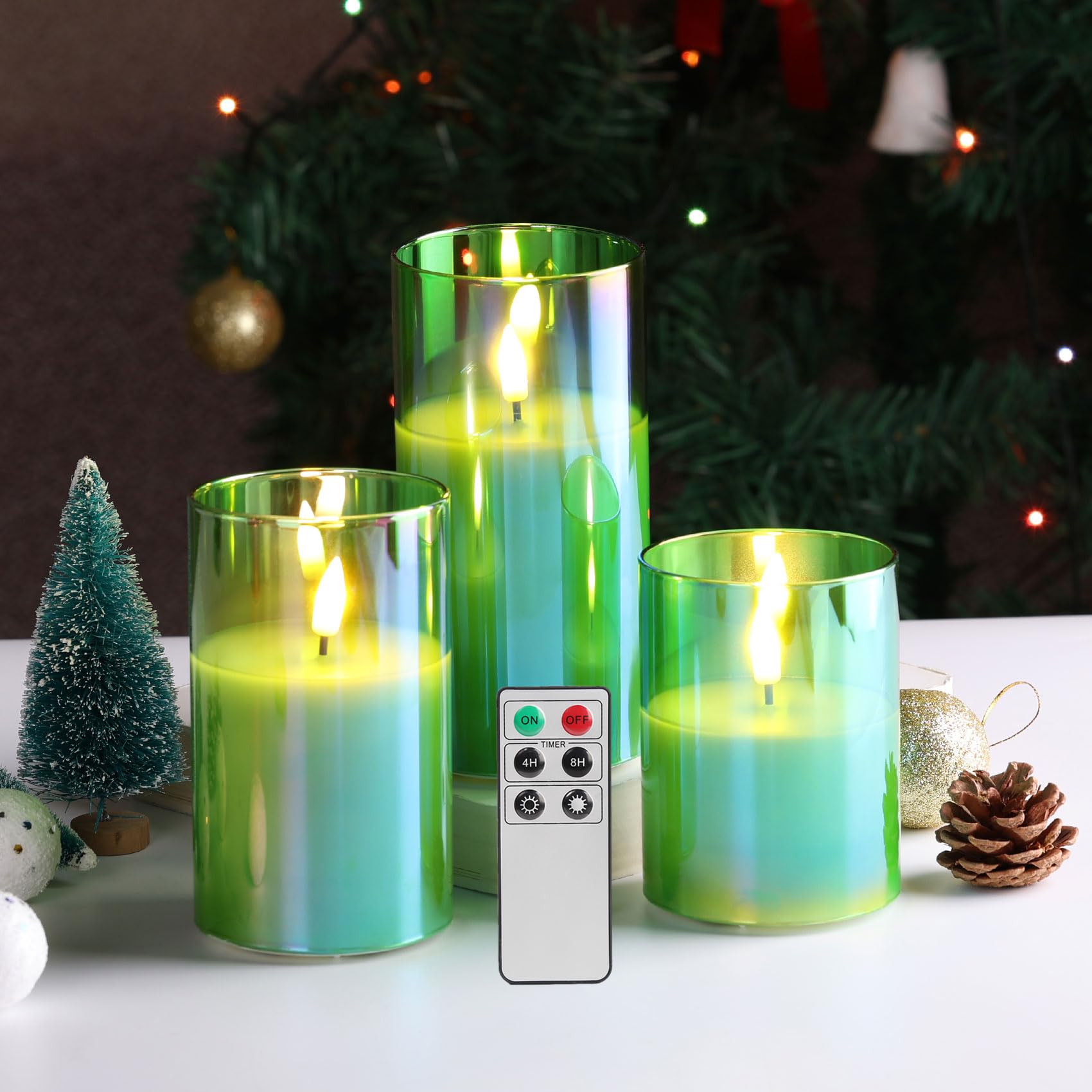 Eywamage Green Glass Flameless Pillar Candles With Remote, Flickering Battery Christmas Led Wax Candles Set Of 3