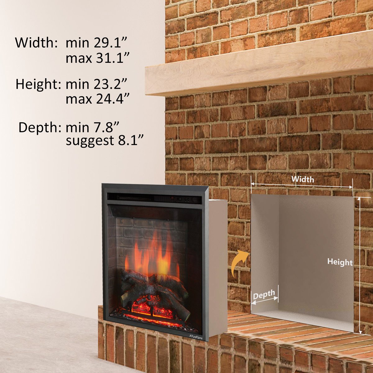 Puraflame Western Electric Fireplace Insert With Fire Crackling Sound, Remote Control, 750/1500W, Black, 29 59/64 Inches Wide, 2