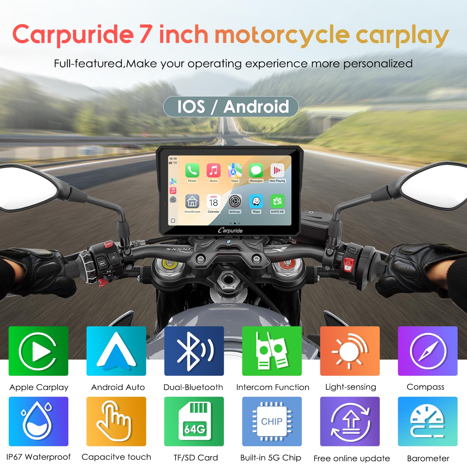 Carpuride W702B Pro Motorcycle Carplay Screen For Bmw R1200Gs R1250Gs S1000Xr Motorcycle, 7 Inch Waterproof Touchscreen, Portabl