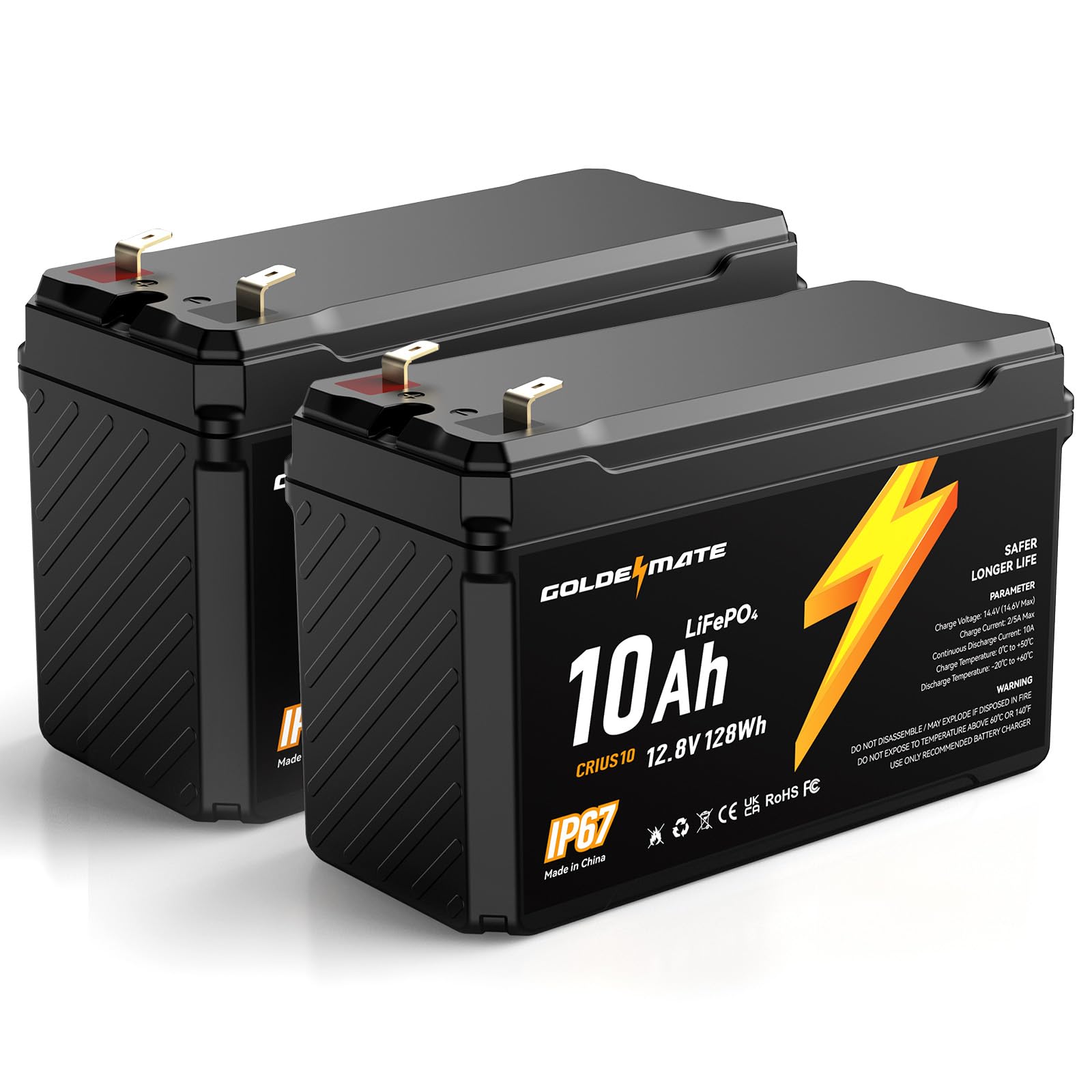 Goldenmate 12V 10Ah Lifepo4 Lithium Battery(2 Packs), 5000+ Deep Cycles, Ip67 Waterproof Lithium Iron Phosphate Battery, Built I