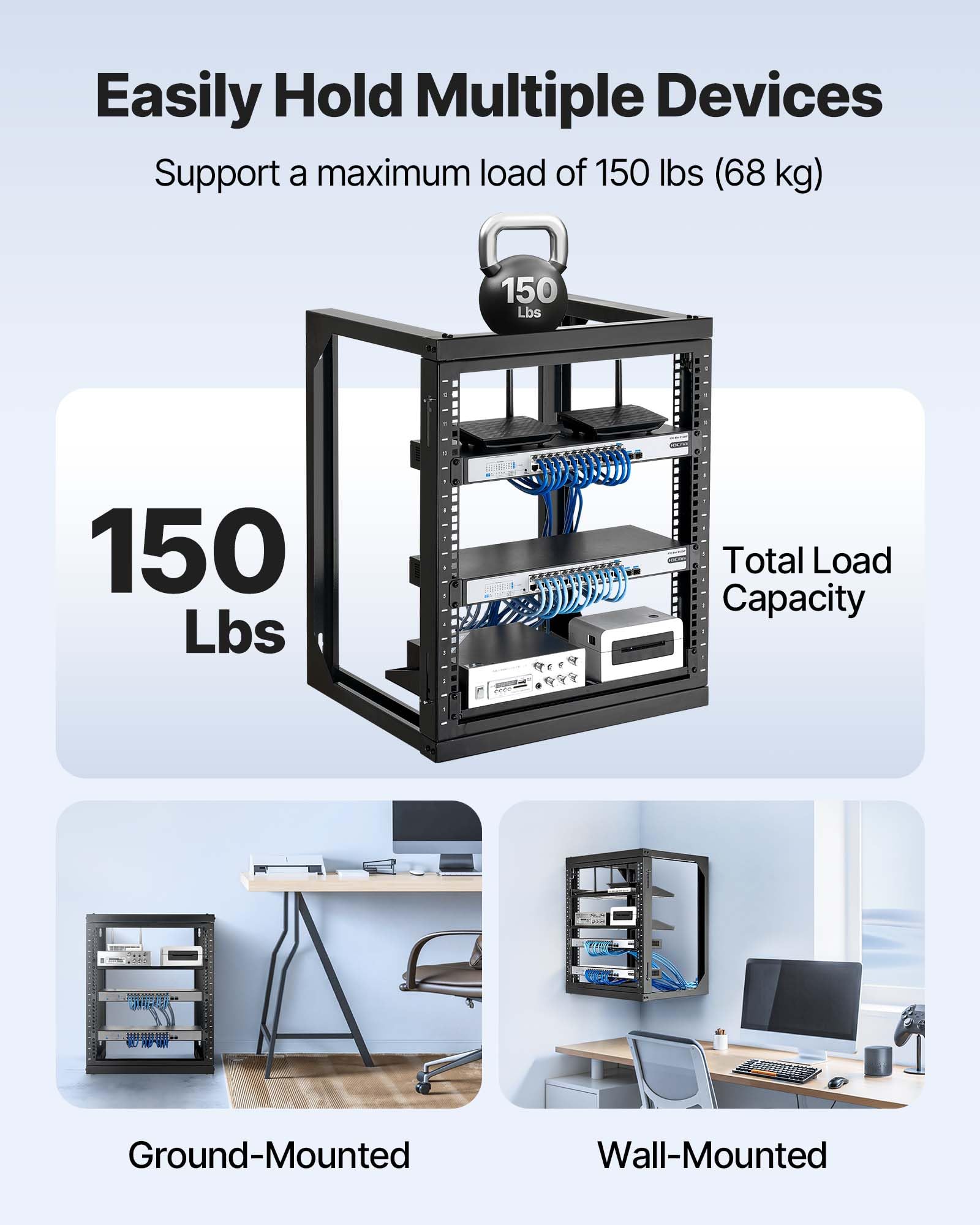 Vevor 12U Open Frame Server Rack, Free Standing Or Wall Mount Rack With 180 Degrees Gate Swing, Network Rack For 19 It Equipment
