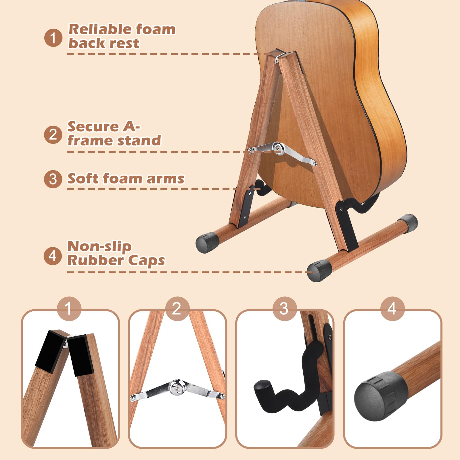 Dommi Guitar Stand, Folding Acoustic Guitar Stand With Soft Foam Arms, Wooden Guitar Stands Floor For Acoustic, Bass, Electric G