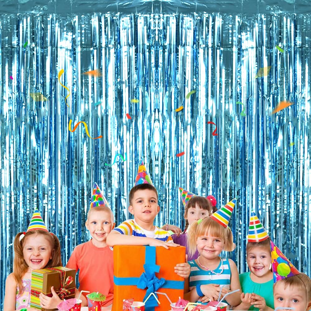 Beishida 2 Pcs Light Blue Door Streamers Tinsel Curtain Party Backdrop Fringe Foil Wall Background For Birthday Halloween Christ