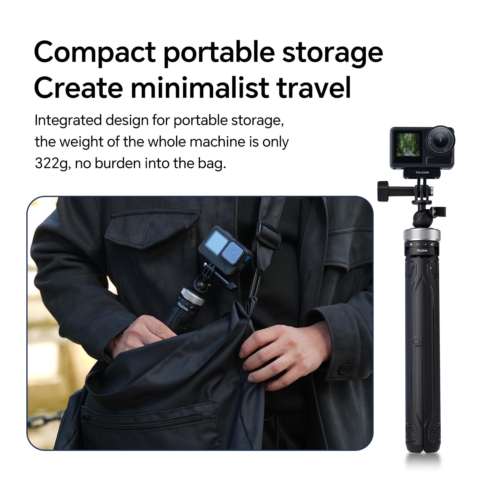 TELESIN 59in Long Selfie Stick Tripod for GoPro, 360 Ball Joint Monopod for Hero 13 12 11 10 9 Insta360 X3 X4