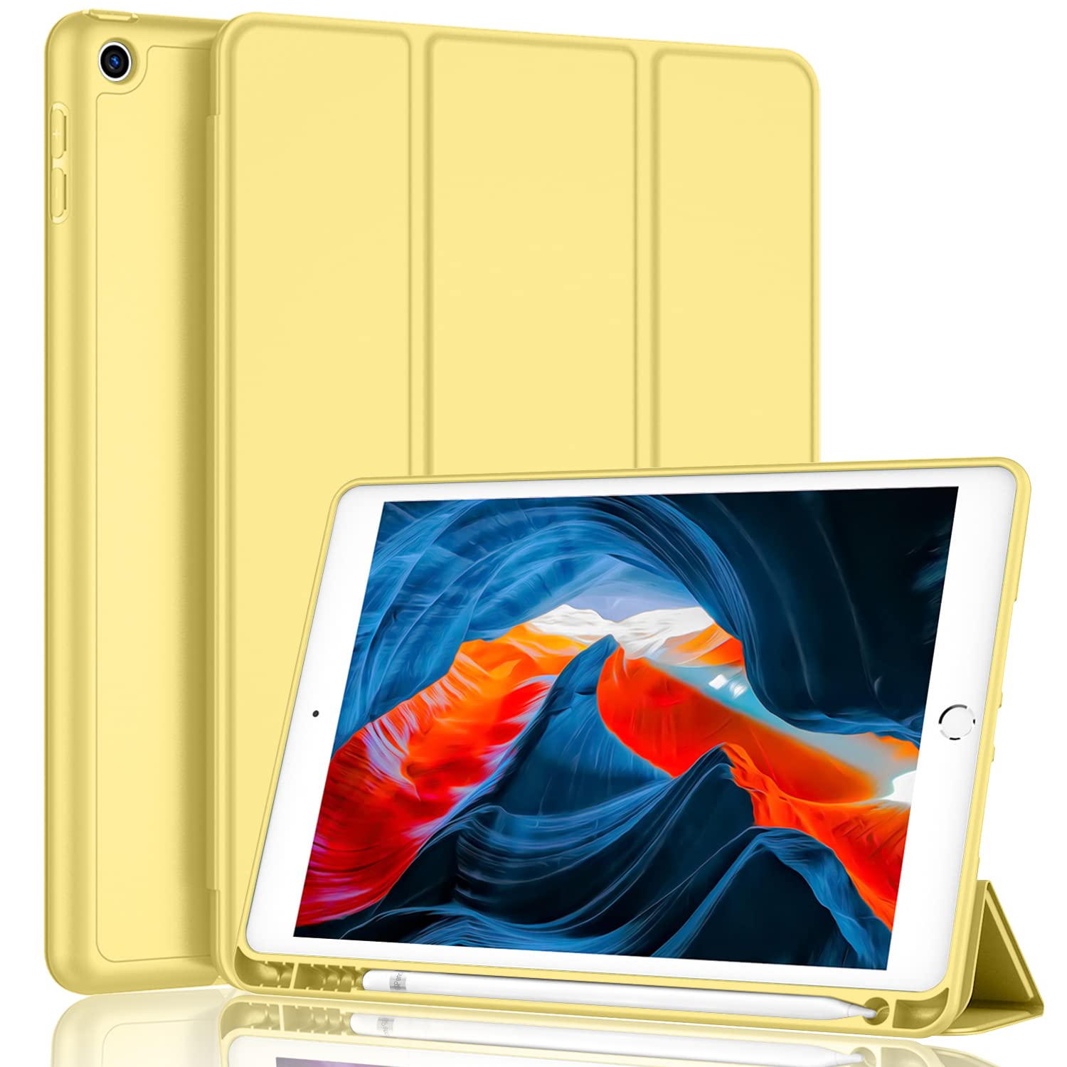 Imieet Ipad 9Th Generation Case 2021/Ipad 8Th Generation Case 2020 10.2 Inch With Pencil Holder, Ipad 7Th Gen 2019 Case With Soft Baby Skin Silicone Back, Auto Wake/Sleep Cover (New Yellow)