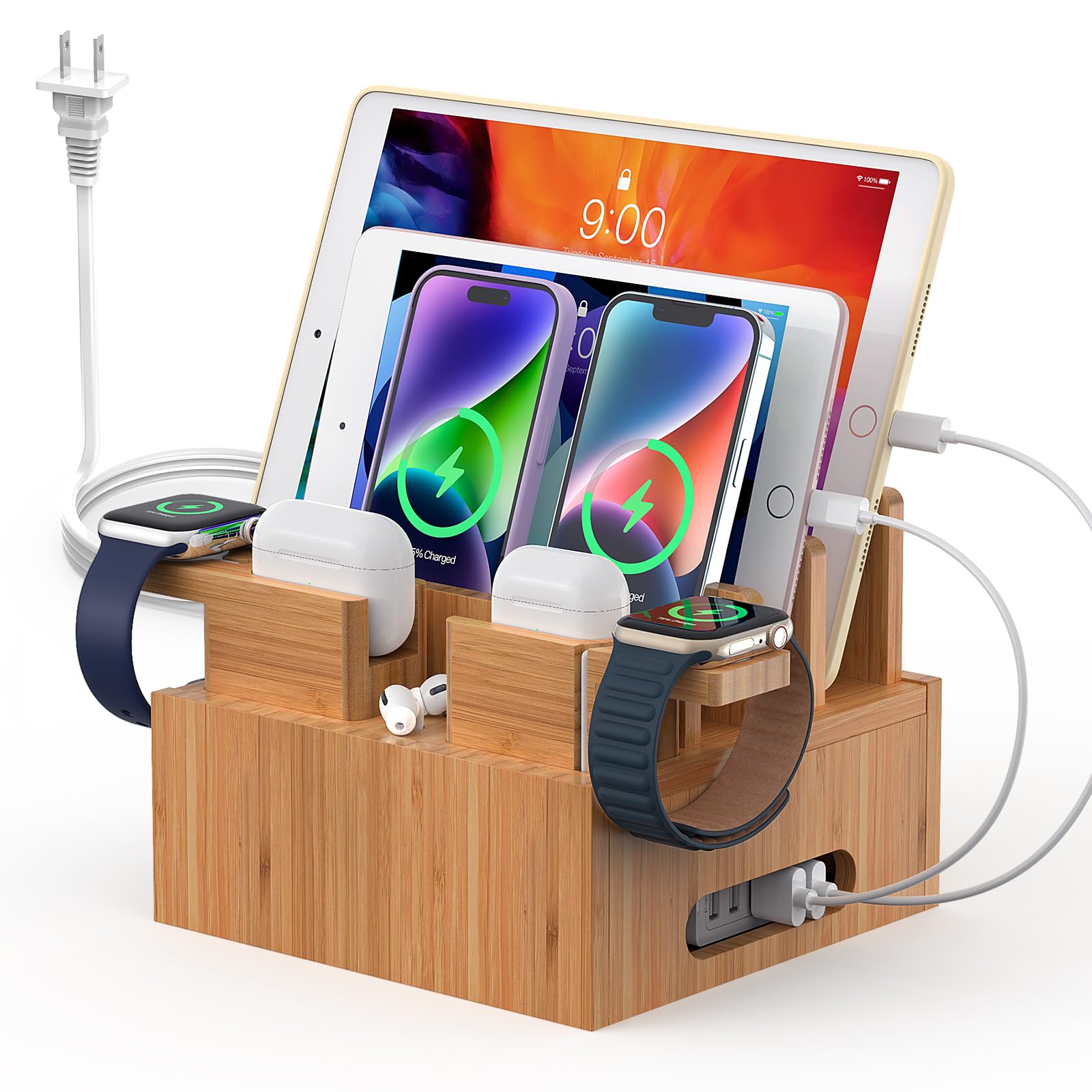 Pezin & Hulin Bamboo Charging Station for Multiple Devices, with Power Charger, Wire Cables 5 Pack, Compatible with Multi Phones