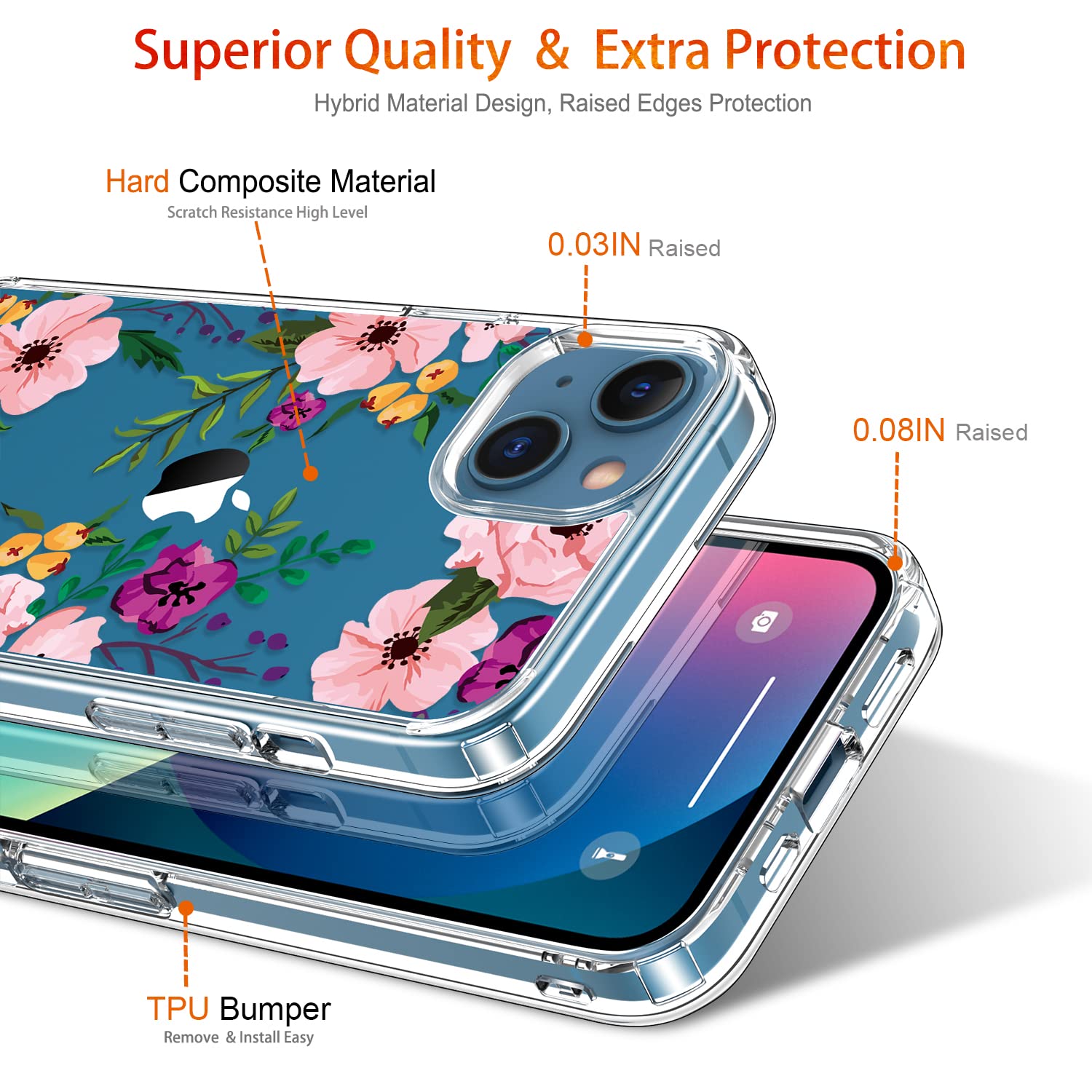 Giika For Iphone 13 Case With Screen Protector, Clear Full Body Protective Floral Girls Women Shockproof Hard Case With Tpu Bump