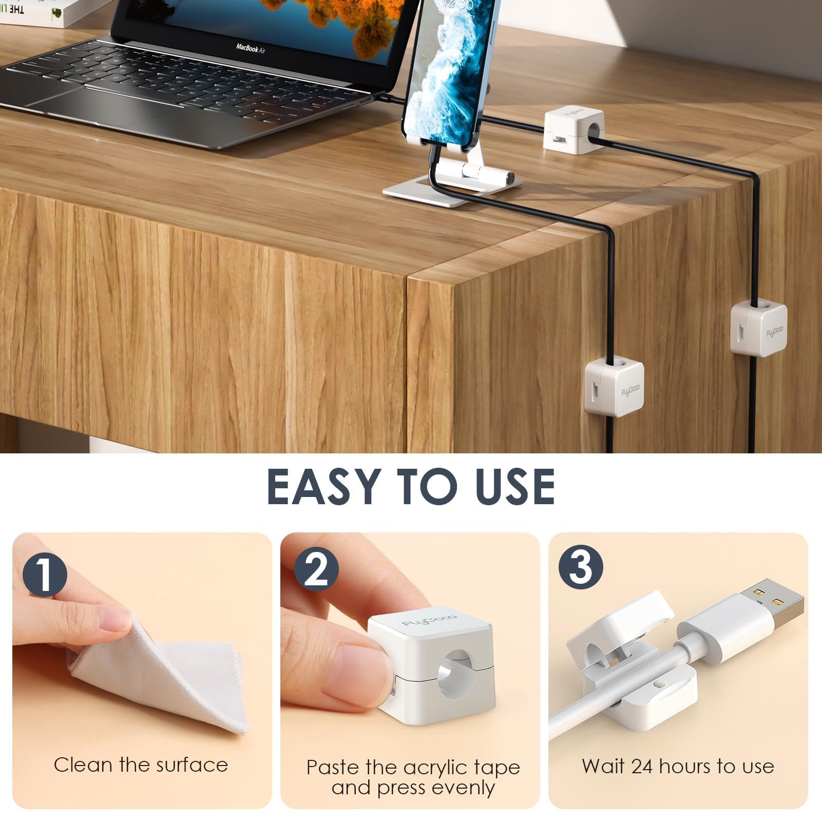 FlyCoco Magnetic Cable Clips 6 Pack Mini Cube Cord Holder Organizer ABS White
