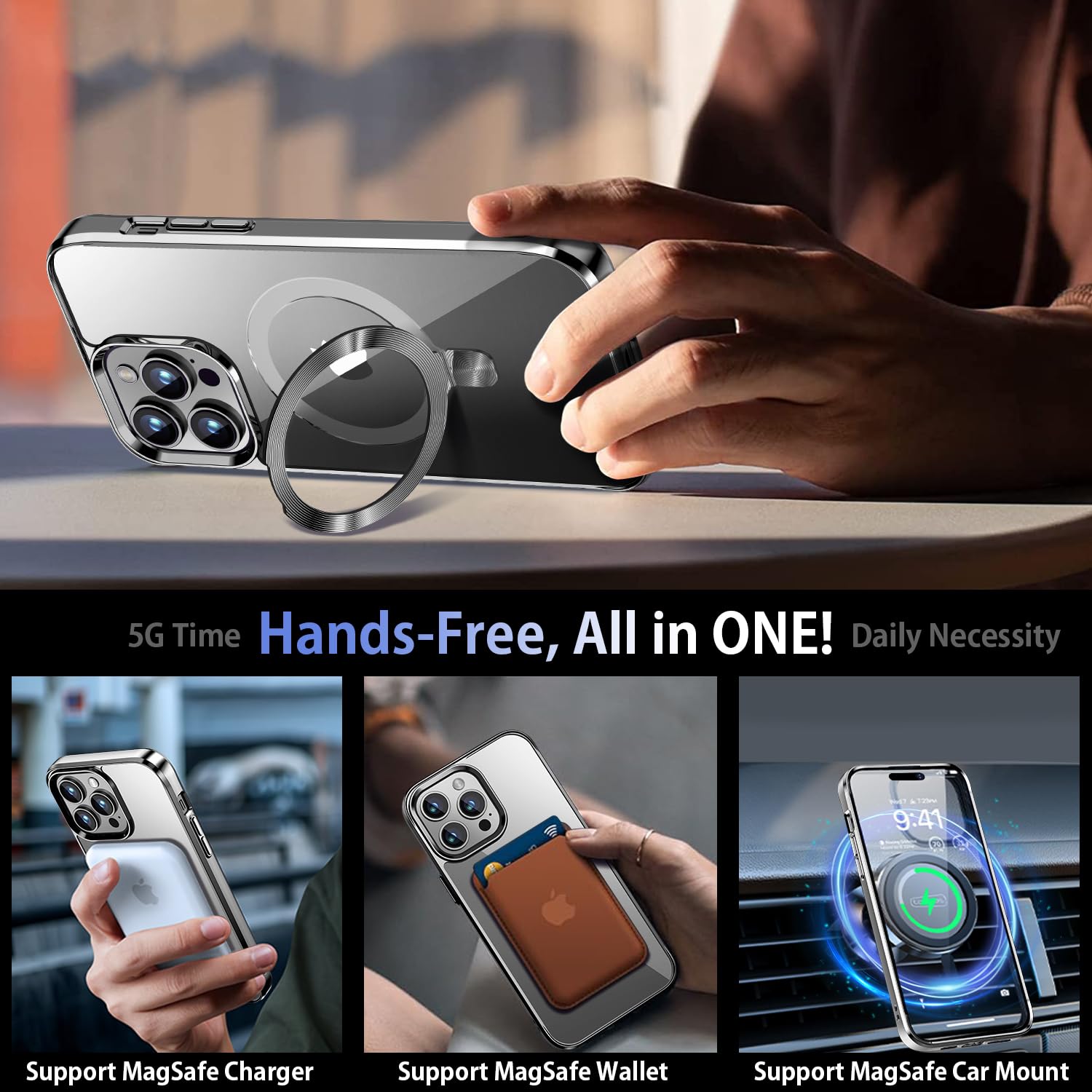 Tlikemiss [Cd Ring Compatible With Magsafe Invisible Stand] Magnetic For Iphone 15 Pro Case, [Electroplated Bumper Non Yellowing