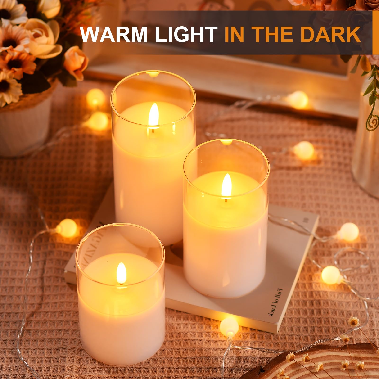 Glass Battery Operated Led Pillar Flameless Candles With10-Key Remote And Timer, Real Wax Candles Warm Color Wick Flickering Lig