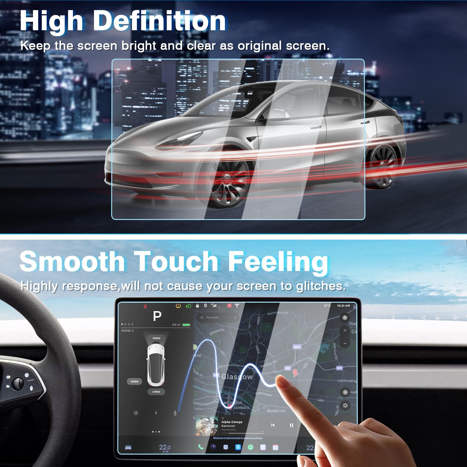 Karltys 2Pcs 2024 Model 3 Highland Screen Protector For Refresh Tesla Model 3 Highland Accessories 2024 2025 15.4 Inch Touchscreen & 8 Inch Rear Screen, Anti Glare Tempered Glass Radio Screen Cover