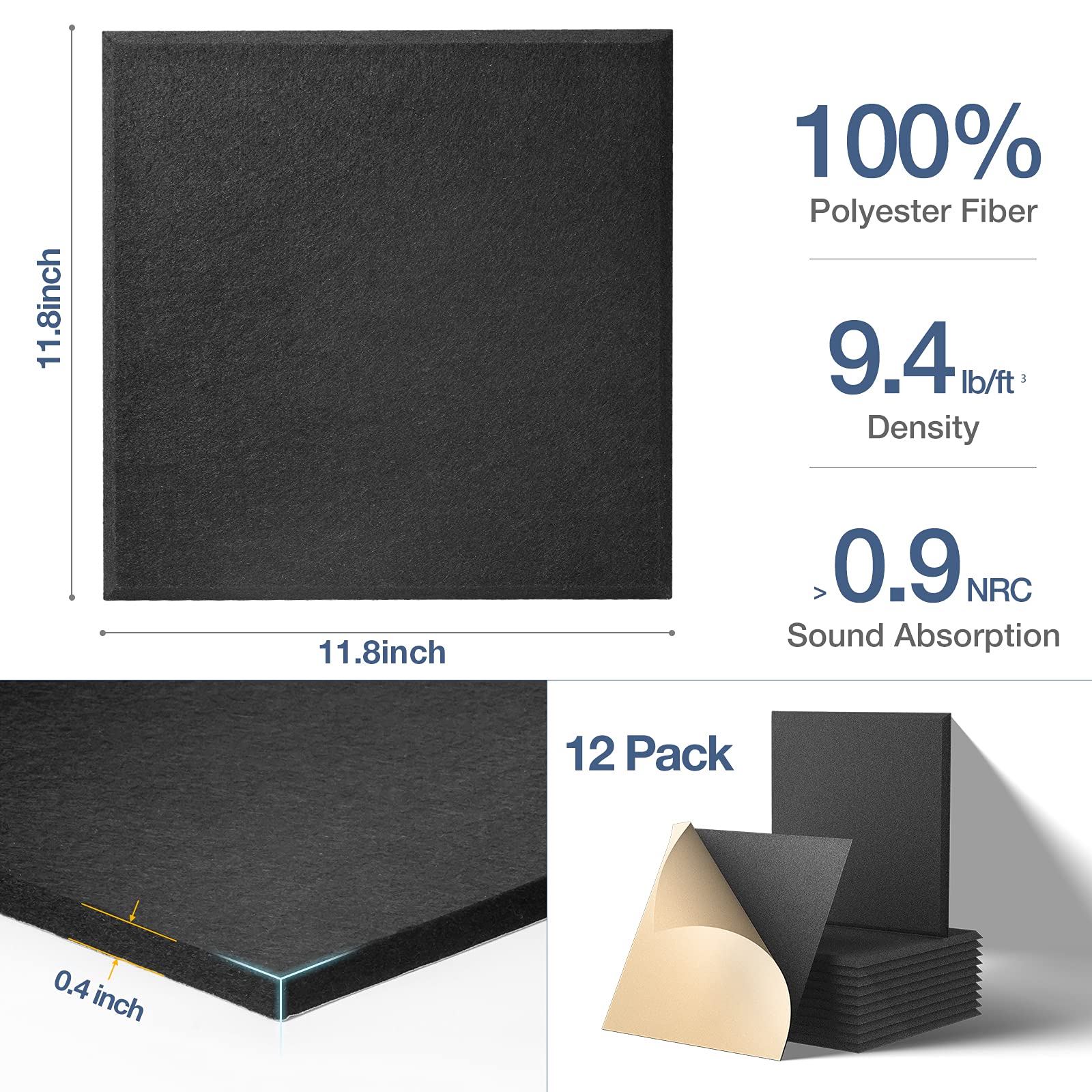 Lebenforce 12 Pack Self Adhesive Acoustic Panels, 12'' X 12'' X 0.4'' High Density Polyester Sound Proof Panels For Walls, Sound