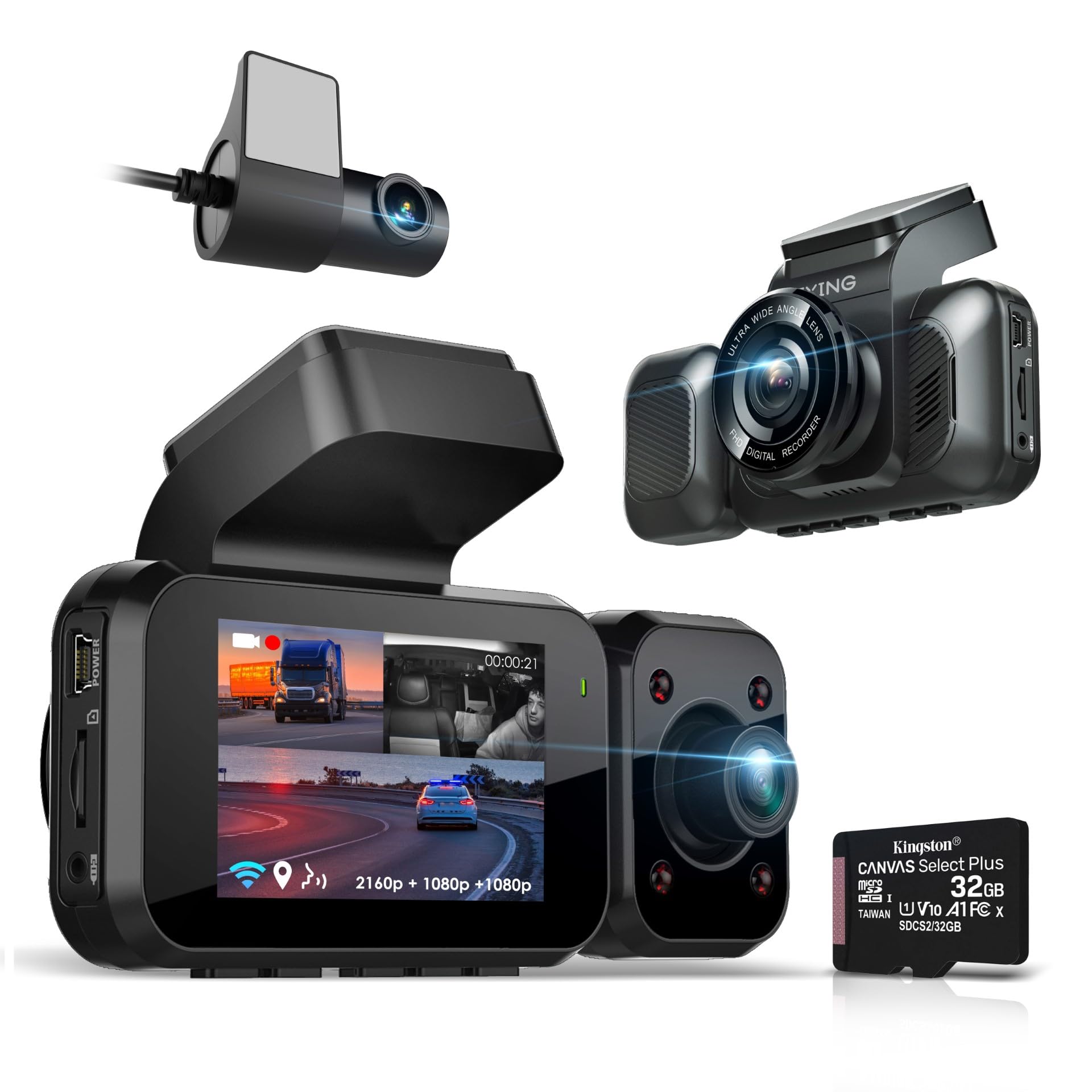 Rexingusa 4K 3 Channel Dash Cam With Wi Fi, Gps, Voice Control, G Sensor, And Loop Recording   Super Capacitor, 170 Wide Angle,