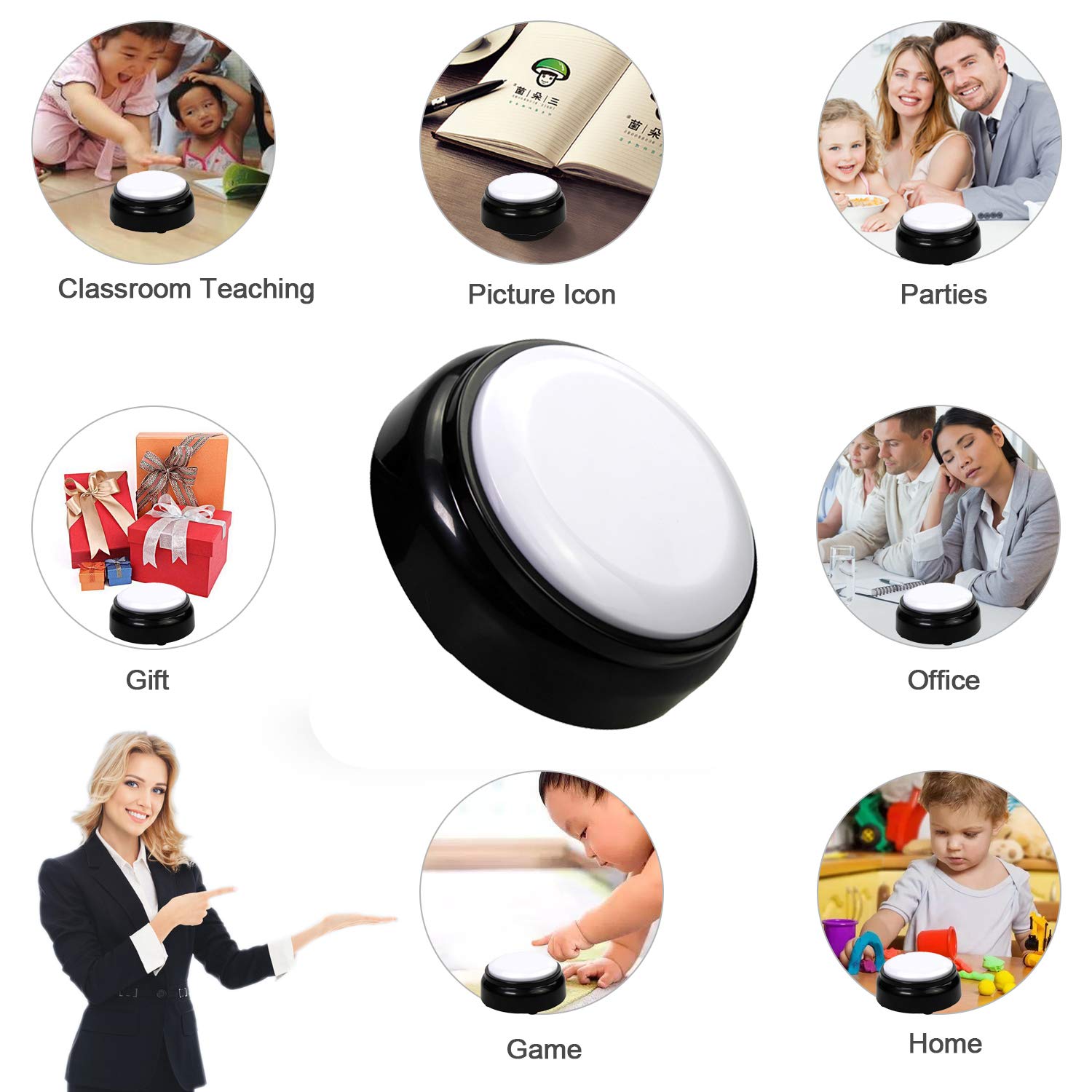 Cover 30 Seconds Recordable Talking Button Record Button Toy Gift Answer Buzzers (White+Black)