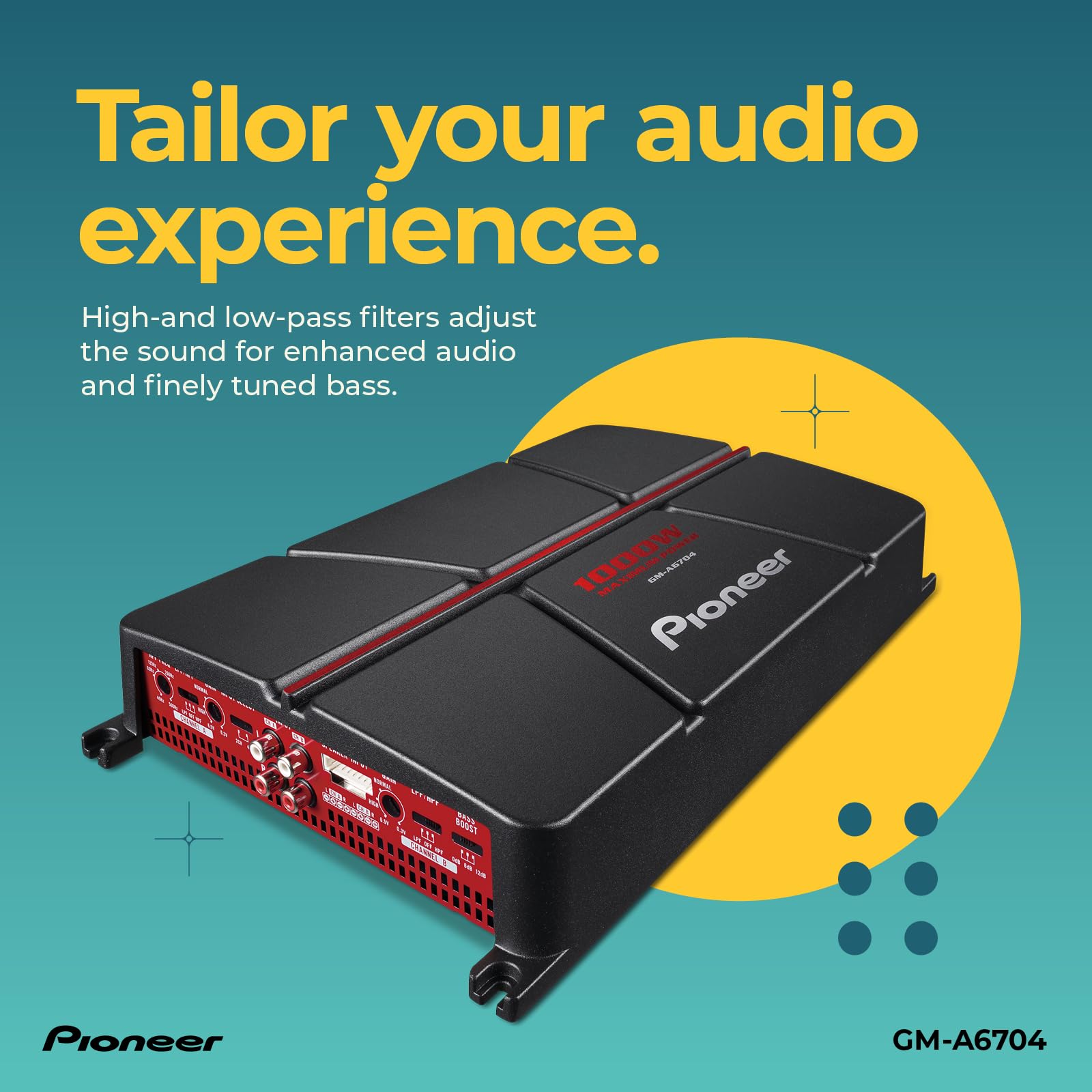 Pioneer GM-A6704 4-Channel Car Amplifier - 1000W Max Power, Class AB, Black/Red