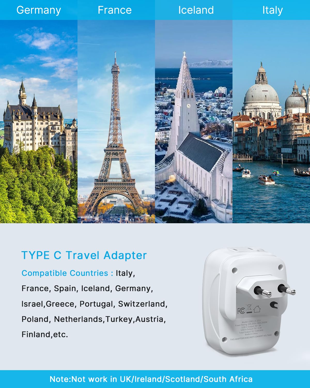 2 Pack European Travel Plug Adapter, Vintar Foldable International Power Plug With 2 Ac Outlets 3 Usb Ports(2 Usb C), Type C Tra