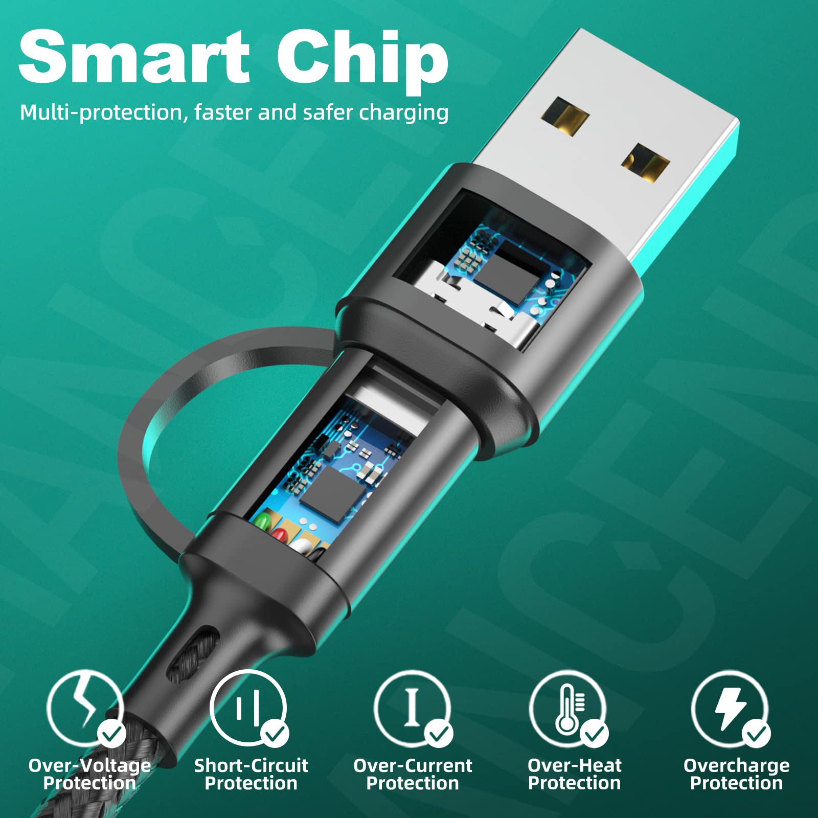 Multi Charging Cable 2Pack 6 In 1 4Ft Multi Multi Charger Cable, Nylon Braided Multi Usb A/C To Phone Usb C Micro Usb Lightning Connector Nylon Braided Charging Cord For Iphone/Samsung Black