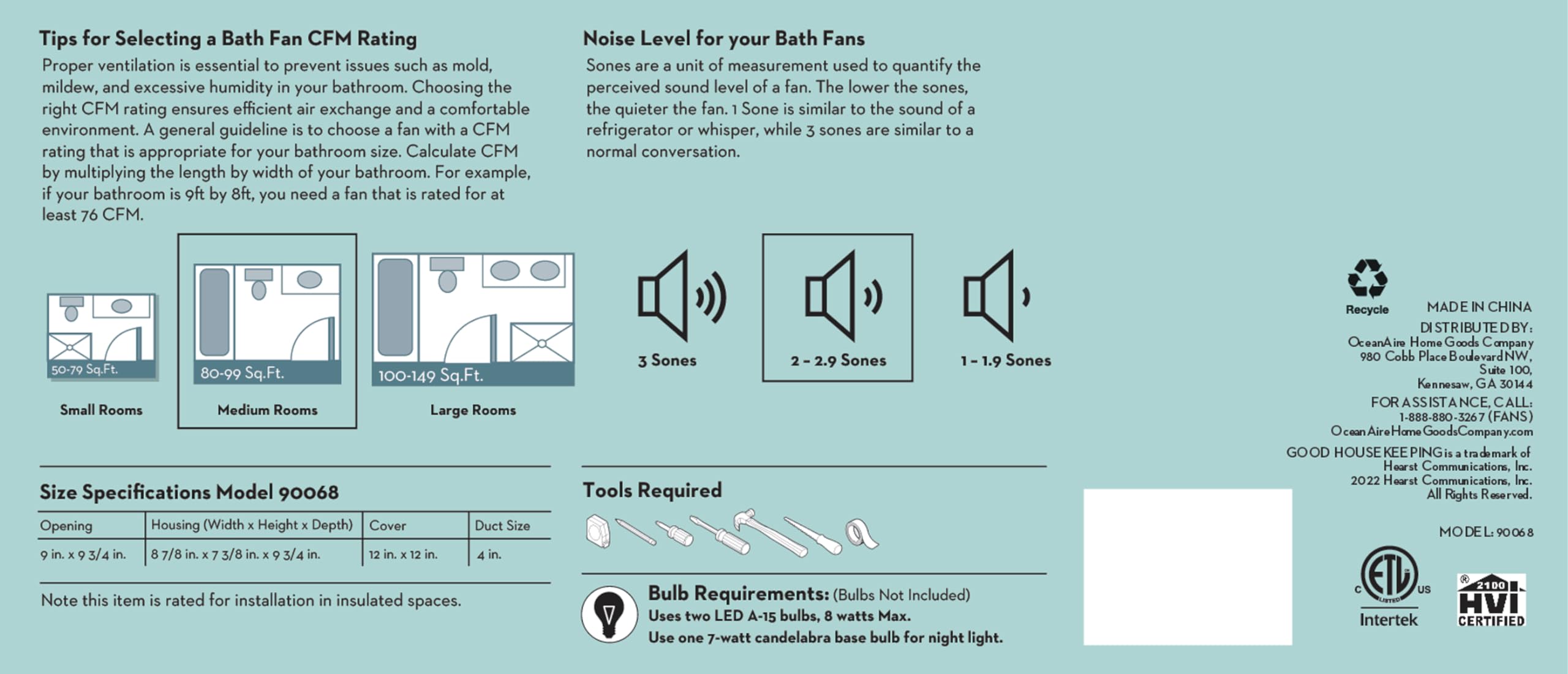 Good Housekeeping Buckingham (90068) Decorative 100 Cfm 2.0 Sones Bathroom Ventilation Exhaust Fan With Light & Night Light (Mat
