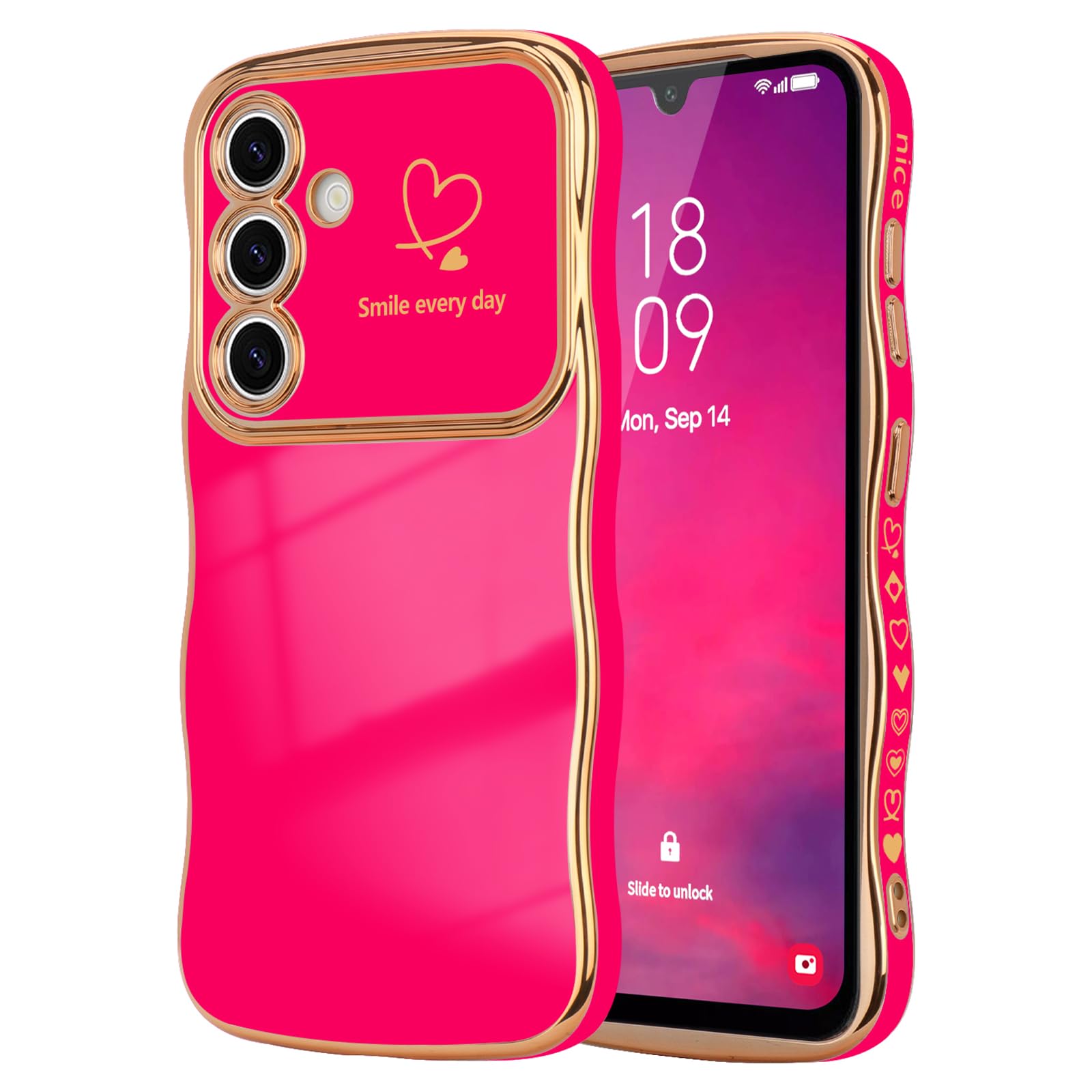 Lchulle For Samsung Galaxy A14 4G/5G Case For Women Girls, Cute Wave Frame Curly Shape With Love Heart Raised Camera Protection