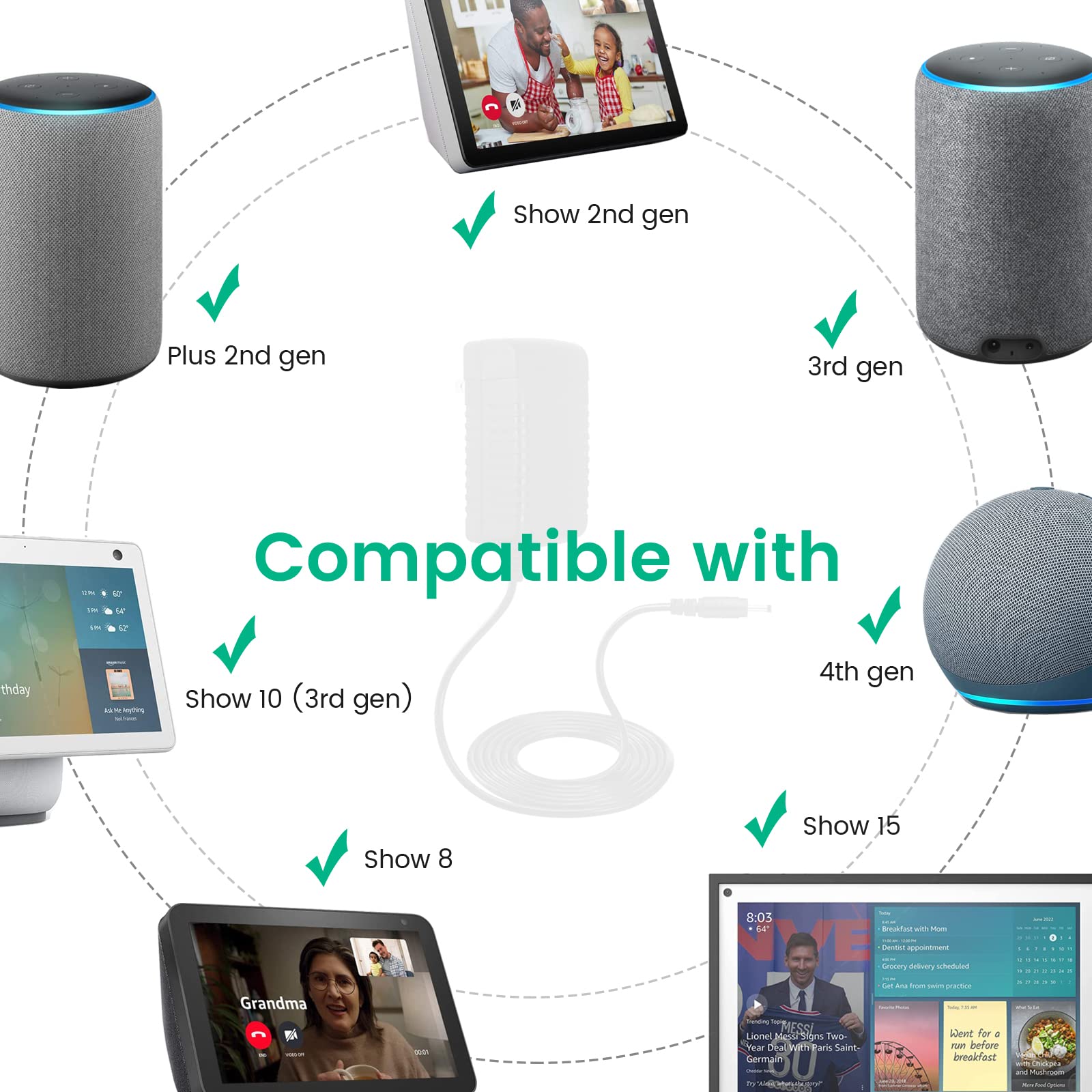 30W Power Cord Replacement For Echo Show 8, Echo Show 15, Echo Show 10, Echo 3Rd Gen / 4Th Gen, Ac Adapter With 5Ft Cable