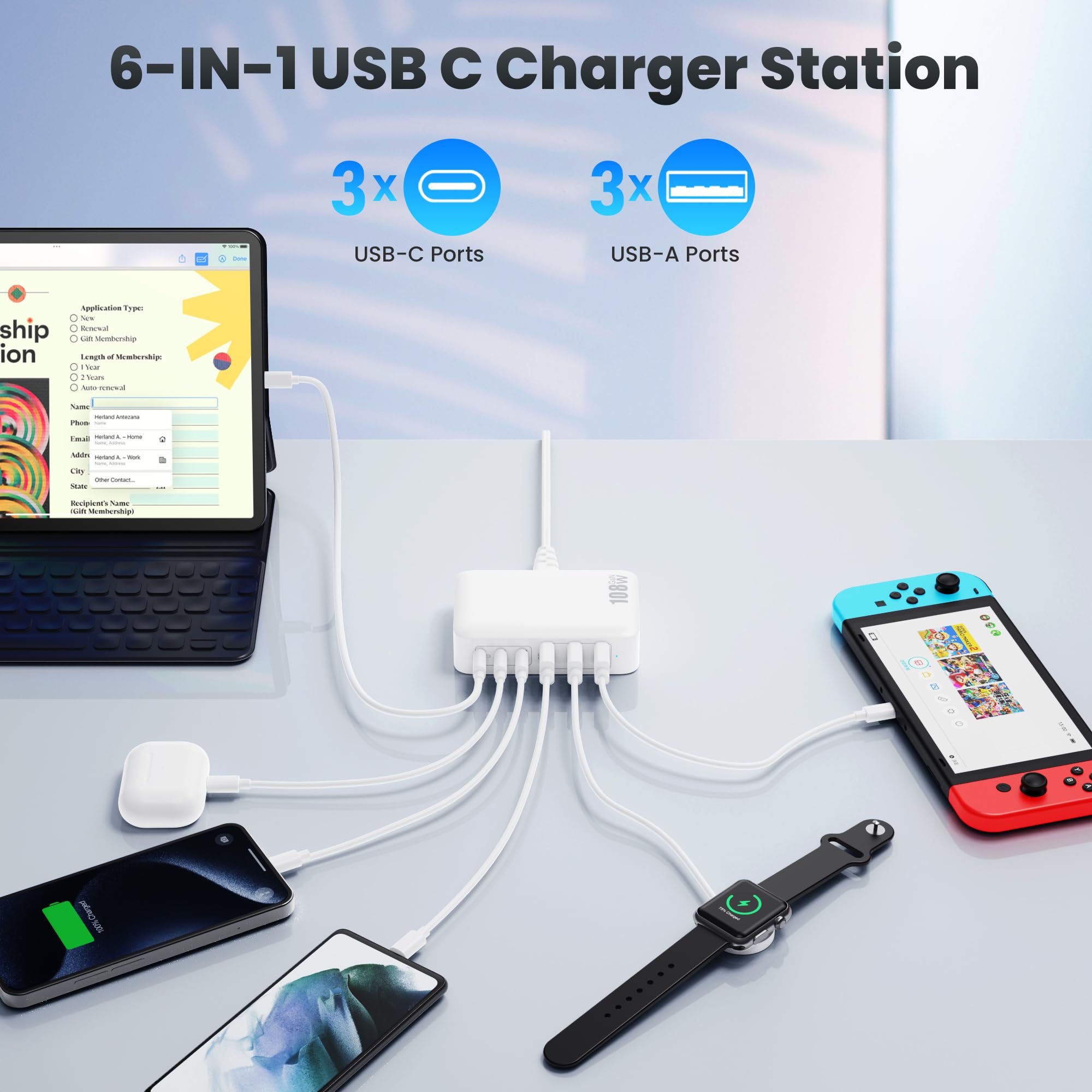Usb C Charger Block Charging Station,108W Gan Iii 6 Port 3Xqc+3Xpd Wall Charger Adapter Plug Cube,Super Fast Type C Charging Hub