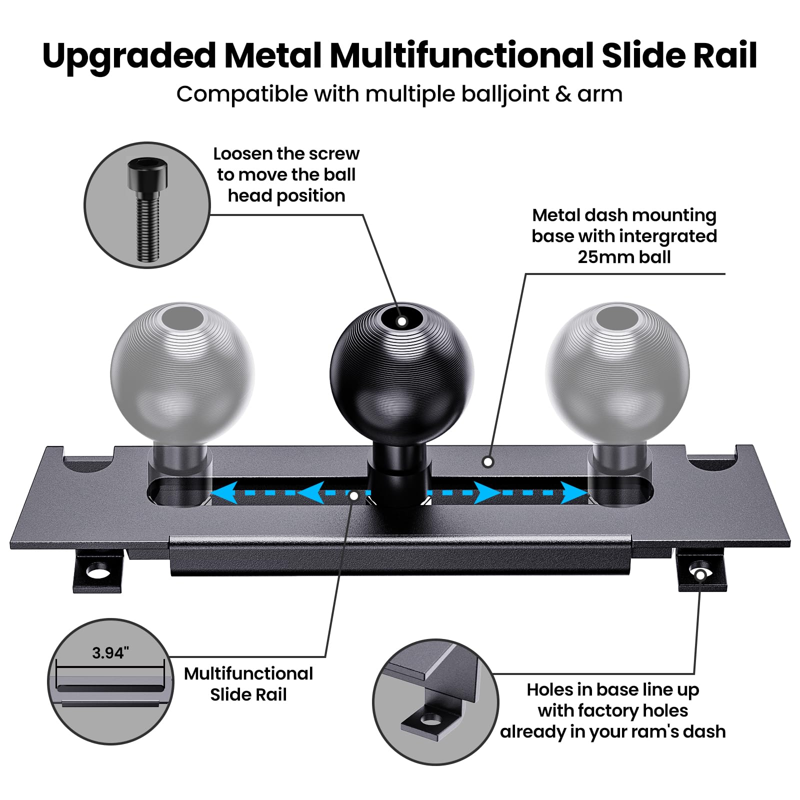 Kaishengyuan Metal Phone Mount For Ram Truck 2013-2018, Dash Mount Cell Phone Holder Compatible With Ram 1500/2500/3500 & 2019+