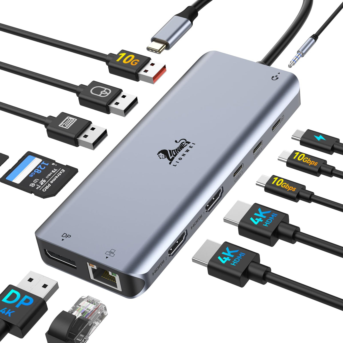 Lionwei Laptop Docking Station 13 In 1   Dual Hdmi+Displayport+10Gbps, 6 Usb C/A, 100W Pd, Ethernet, Sd/Tf, Audio, Usb C Hub For Macbook/Dell/Hp/Surface