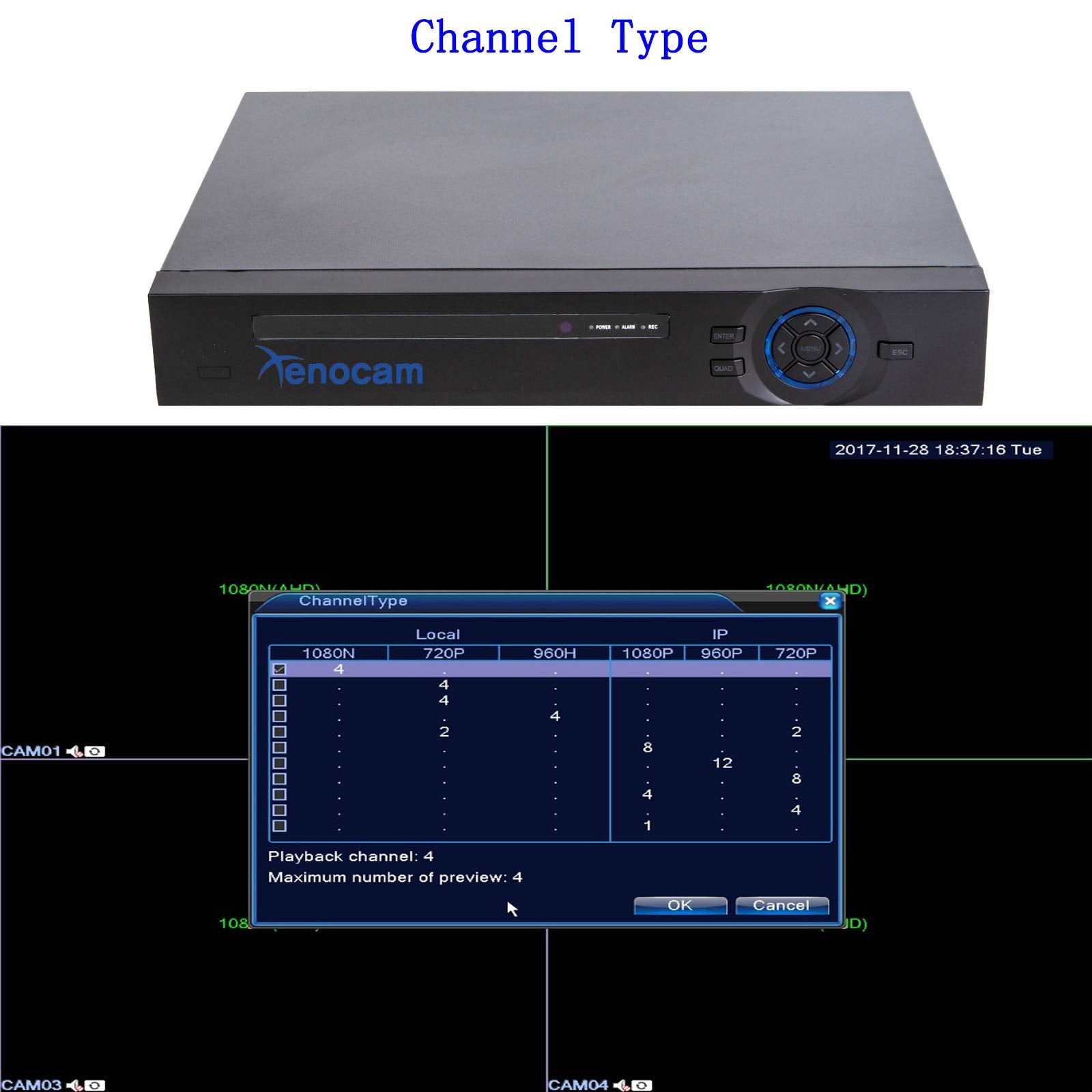 Xenocam 4Ch 1080N Hybrid 5 In 1 Ahd Dvr (1080P Nvr+1080N Ahd+960H Analog+Tvi+Cvi) Standalone Dvr Cctv Surveillance Security Syst