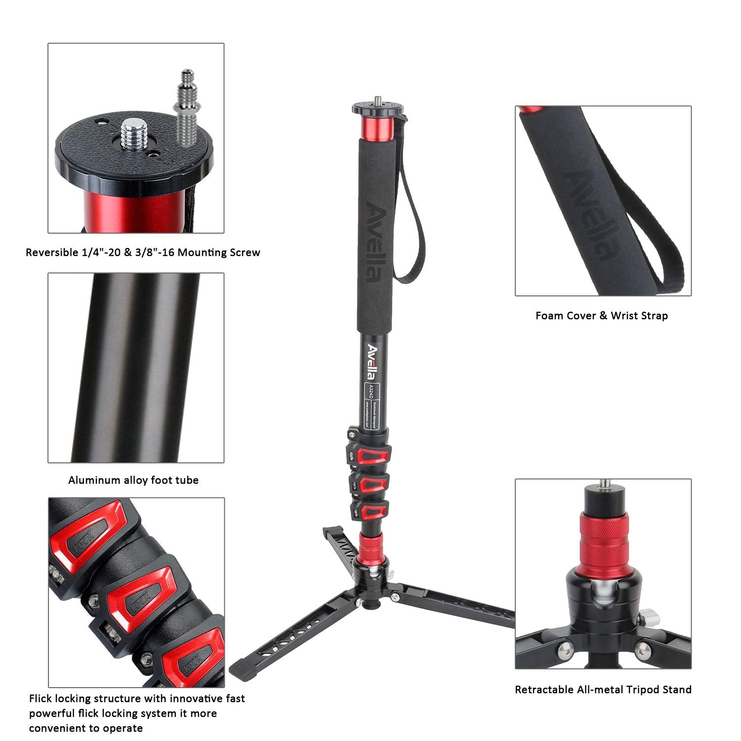 Avella A324D Aluminum 67 Inch Camera Monopod Professional Telescopic Video Monopods Base Tripod For Canon Nikon Sony Olympus Panasonic Dslr Camera Black