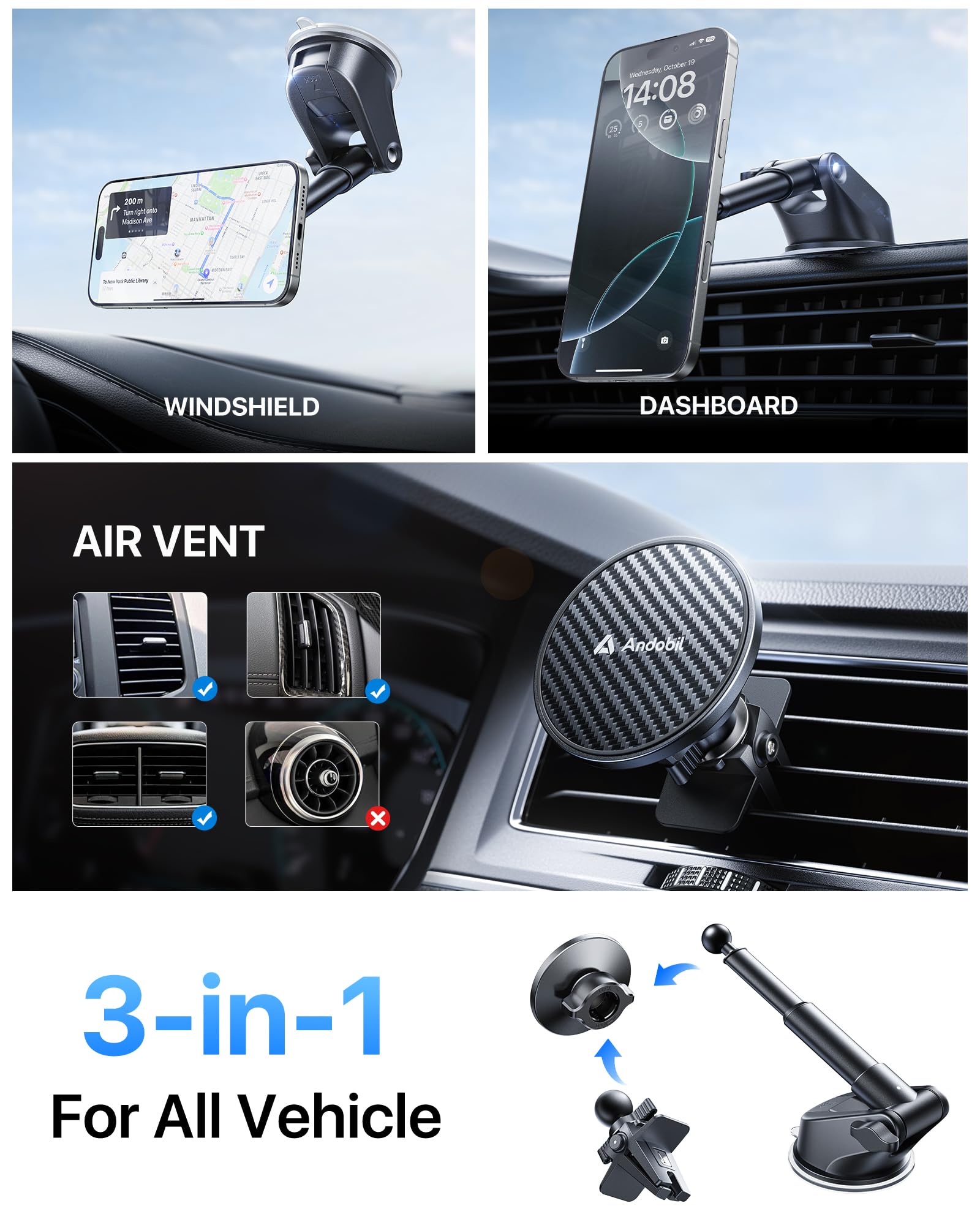 Andobil [True Military-Grade For Magsafe Car Mount, 2025 Ultimate Magnetic Phone Holder For Car Dashboard Windshield Vent, Retra