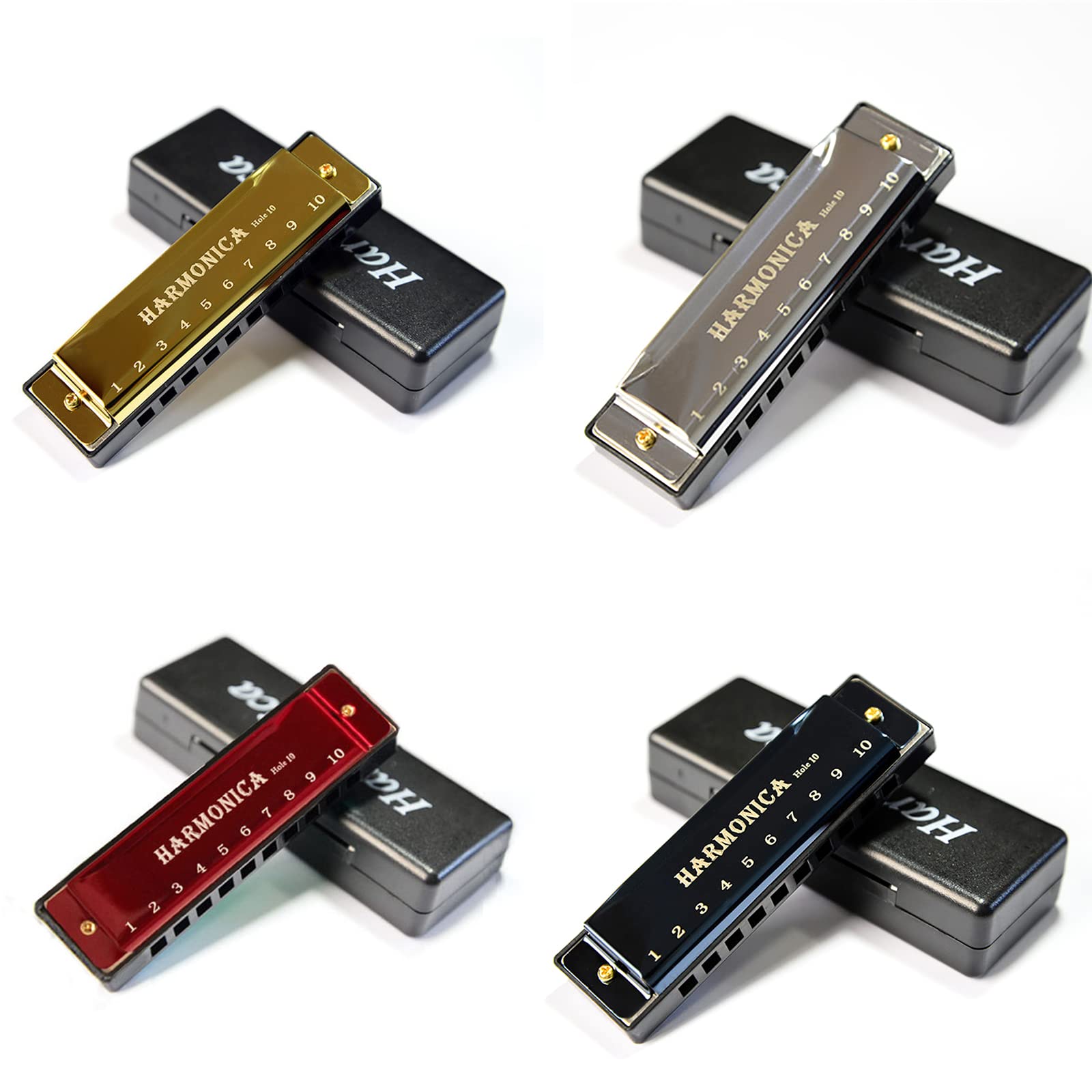 Yoksas 4Pcs Harmonicas Set C Key 10 Hole With Case Cleaning Cloth For Adults Beginner Students Kids (Gold,Silver,Black,Red)