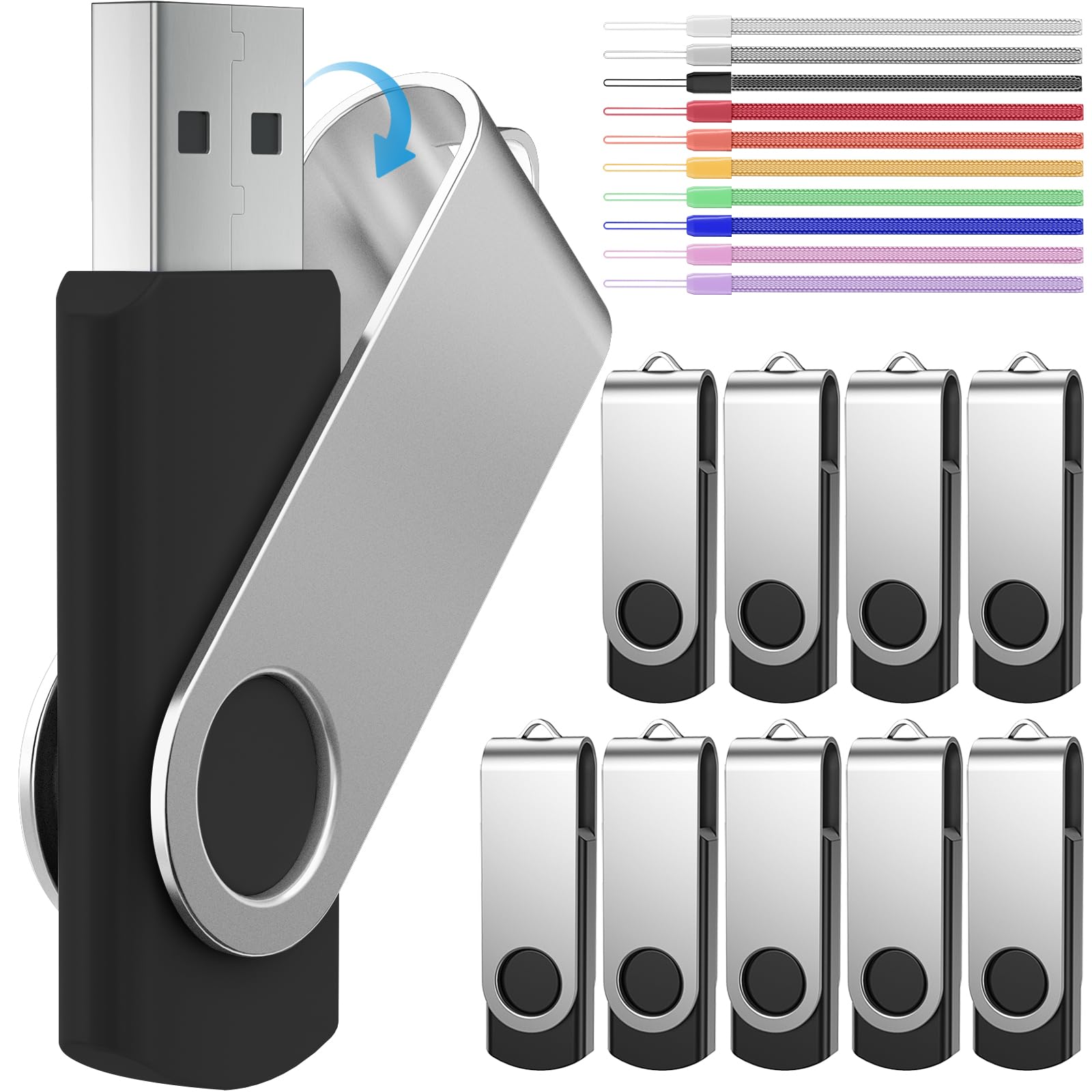 32Gb Flash Drive Pack Of 10 Usb 2.0 Thumb Drive Portable Black High Speed Memory Stick With 10Pcs Lanyards By Febniscte