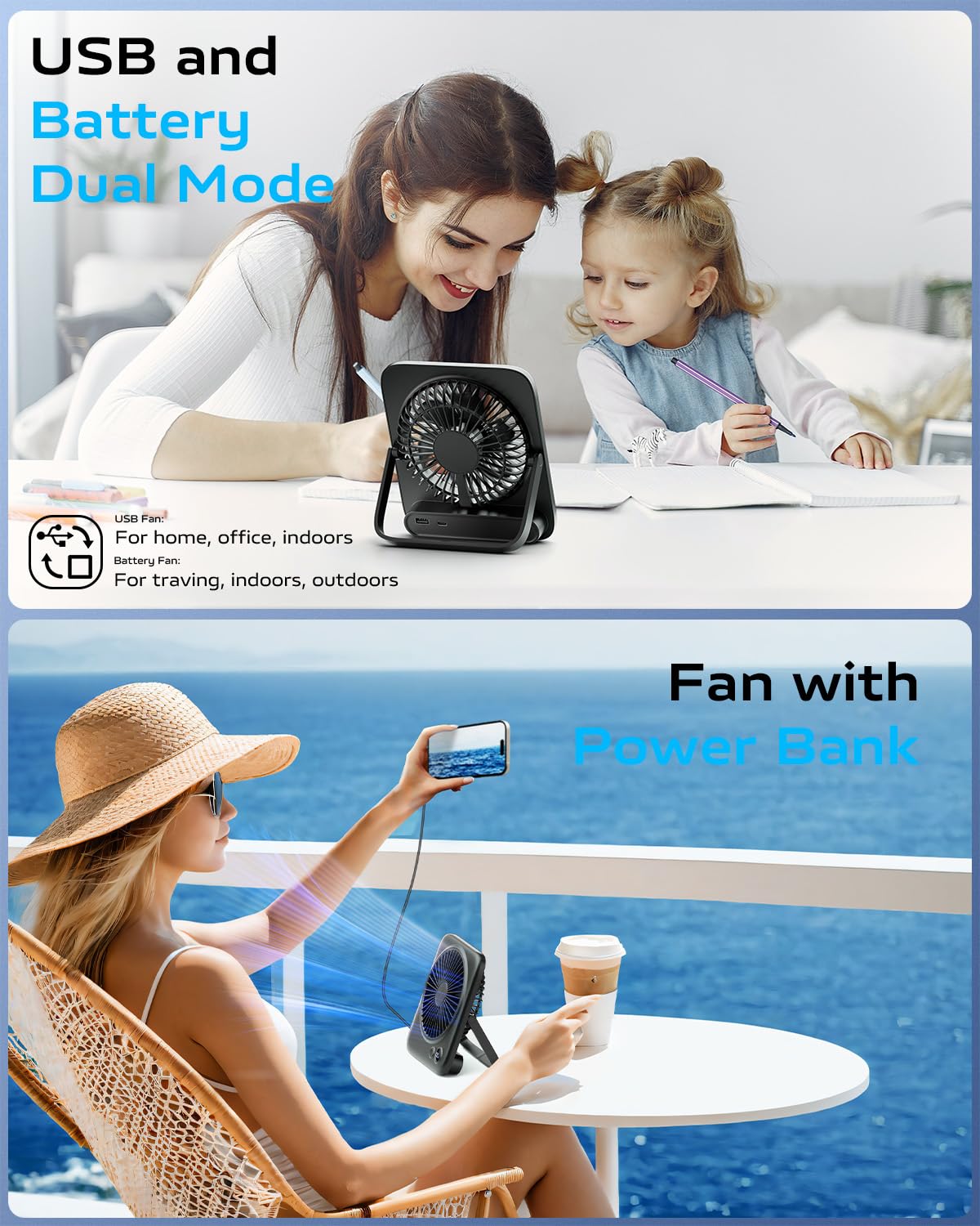 Otlonpe Desk Fan, Rechargeable Portable Fan Slim Quiet, 4000Mah Small Personal Table Fan Battery Operated 7.5 22H, Power Bank, 4